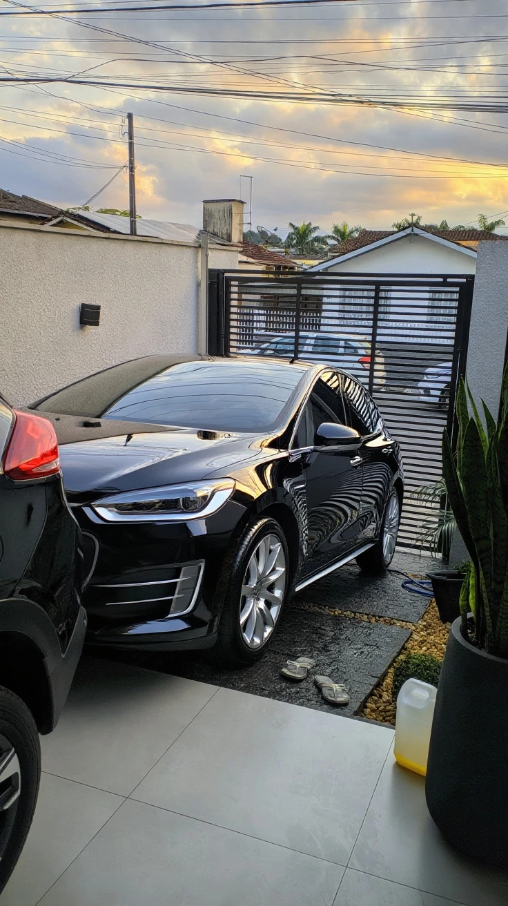 naked blonde woman walking towards tesla model Y red color