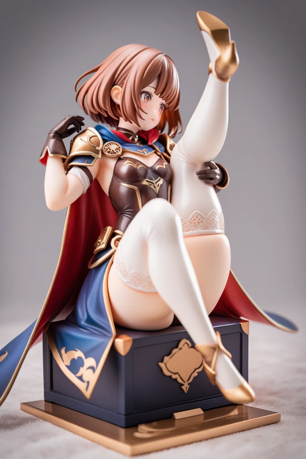 Woman, (brown hair), (blue eyes), (((sitting on the floor))), (light smile), (legs spread out), (wearing medieval armor), (blue sky), (flowers growing nearby), (wearing black stockings), (wearing high heels), (full body shot)