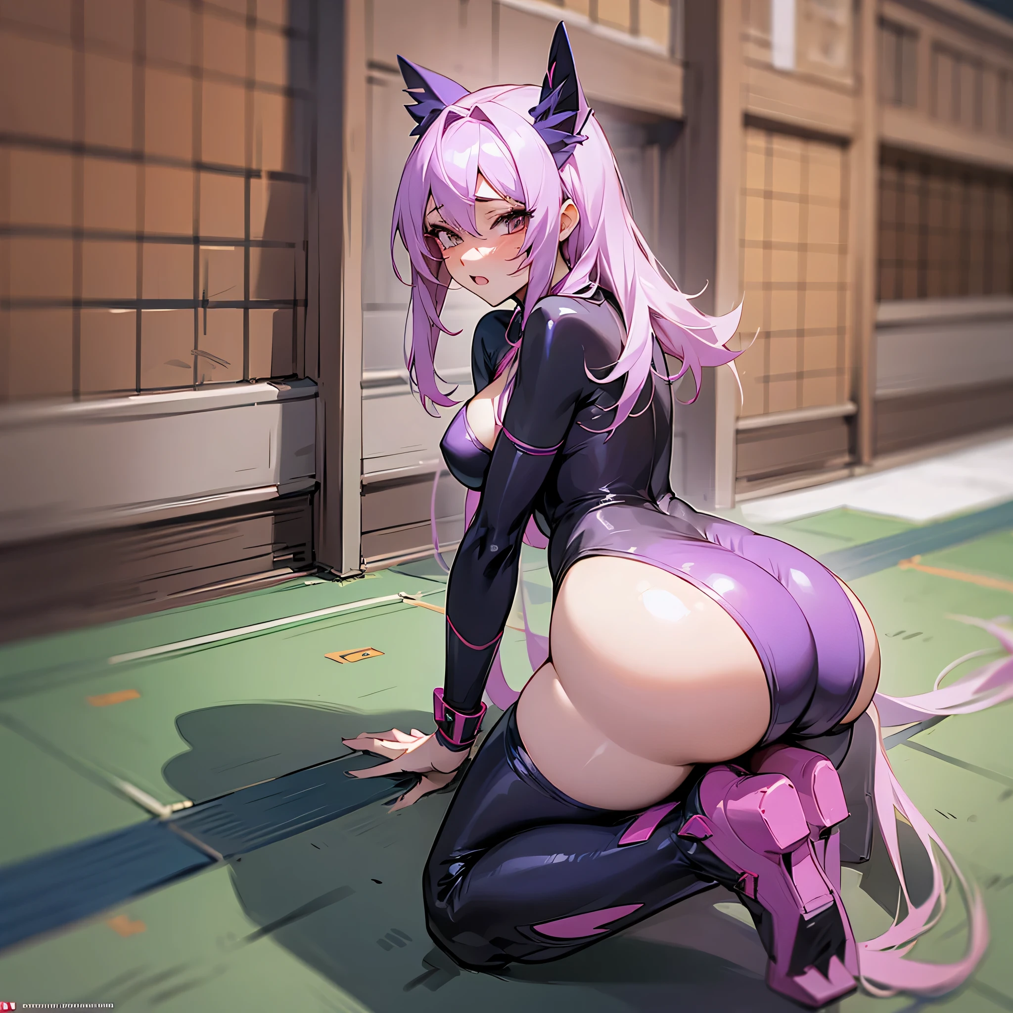 (masterpiece art, high best quality image, very detailed features) female wrestling, solo character
1Beautiful 21 years old girl, beautiful bully beautiful menacing face, light blue eyes, black hair tied in two in short pig-tails with two pink ribbons tidying the pig-tsils, big breasts, beautiful figure, big glutes, arrogant sadist smiling bully, (purple and green one-piece swimsuit, long green leather books), Agresive violent demeanor
Dirty gym