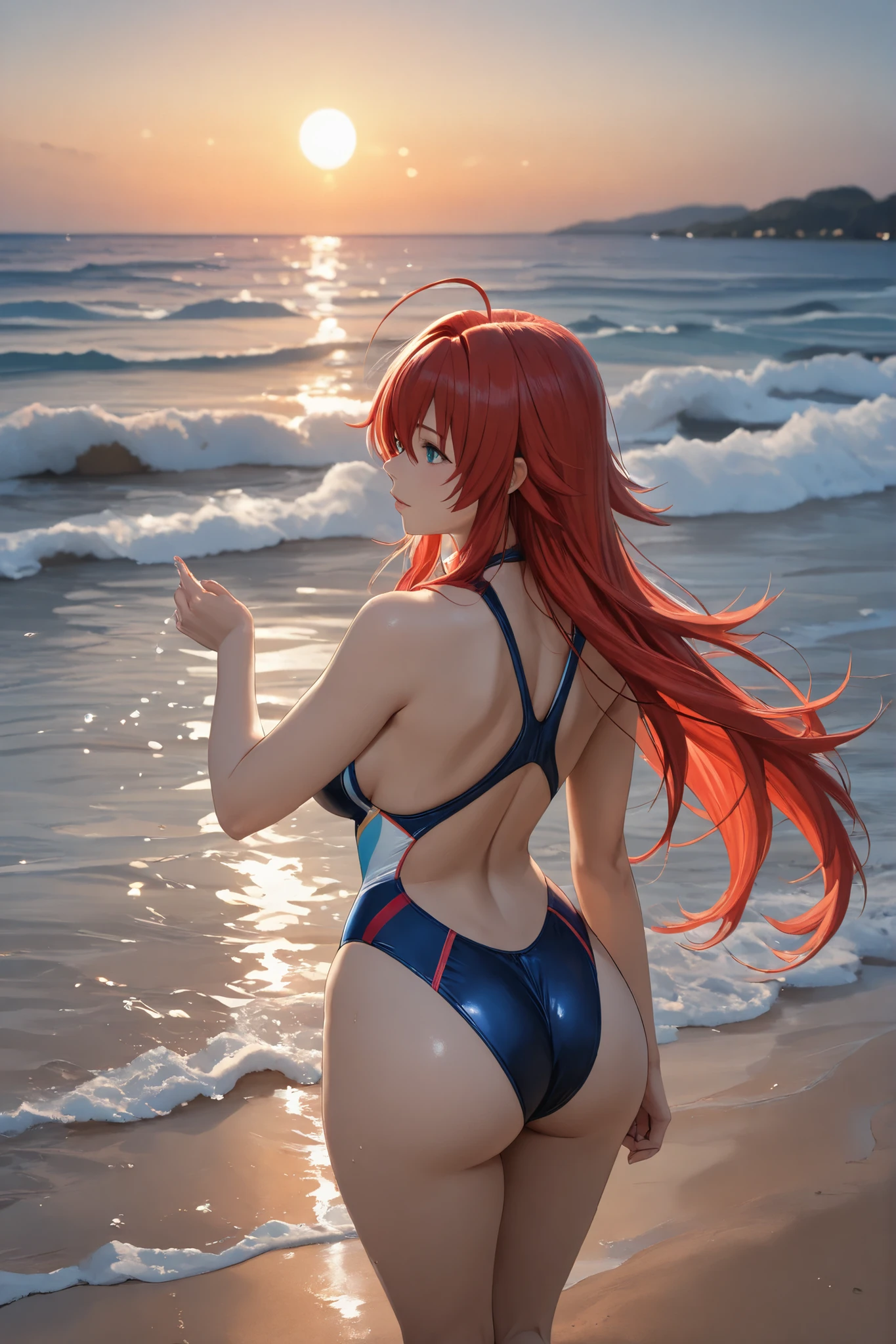 1 mujer, pelo rojo corto, dedo en la boca, ropa ajustada, busty, cuerpo definido, atletica, chile, colores de chile, cielo rojizo, atardecer, paisaje hermoso, alta calidad, 4k, hd, particulas rojizas.