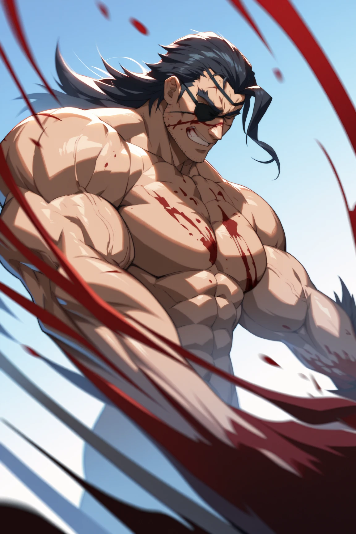 The black silk sister with eight abdominal muscles was beaten,Wearing long boots,Visible abdominal muscles,Defeat and injury,Abdominal muscle swelling and bleeding,Covered in blood,Painful expression,Abdominal muscle injury,Full of scars,Bruising, redness and swelling