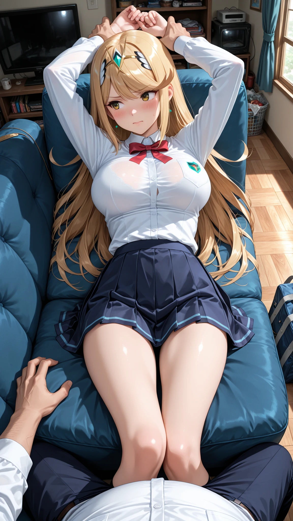 nsfw, (highly detailed beautiful face and eyes:1.2), (((lying))), 1girl, solo, huge breasts, (lift shirt:1.5), (show off breasts:1.5), (spread legs, knees up), (sailor school uniform), ((red tie)), (navy blue pleated mini skirt:1.3), from below, (white pantie, lift skirt, pantie shot, blush), (blushing:1.6), (town overview), detailed landscape, (best quality,masterpiece:1.2), intricate details, extremely detailed,8k resolution, natural lighting,