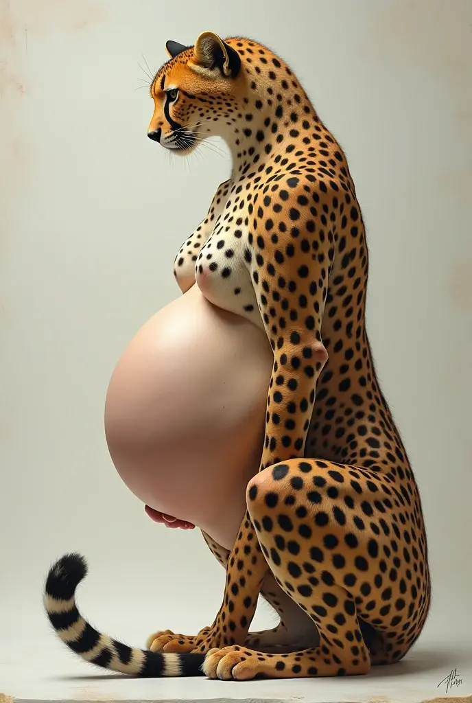 A lioness woman is feeling severe pain in her belly, she feels even more pain and her belly grows. 