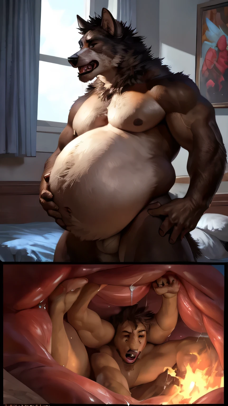 4k, high resolution, best quality, perfect colors, perfect shadows, perfect lighting, posted on e621, portrait shot, ((front view)), furry body, solo, anthro brown bull, (monotone brown fur, nails on hands, correct fingers:1.3), male, (middle-aged, mature:1.2), (big curved bovine horns), (grey beard:1.45), (strongman, heavily muscular, beefy, massive, veiny, fat, big belly, buff, manly, masculine:1.4), correct anatomy, (bedroom, big bed), (by Taran Fiddler, by Chunie, by Rukis, Bonifasko lighting), (, big uncut veiny cock, massive erection, the penis is too big, cock vore, retracted foreskin, glans, oversized balls, lots of cum on belly, lots of cum on chest:1.3), nightstand lamp, detailed bull eyes