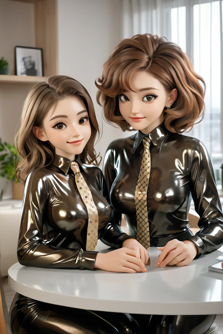 Mother and young daughter in extremely close , shiny latex blouses with buttons, Are two girls buttoned up at the table in the apartment , afro,  brown hair ,   reflection  ,    reflecting light,  high resolution ,  masterpiece , necktie,    very strong shiny skin ,    very strong makeup, smile, Breasts  , Breasts, kiss