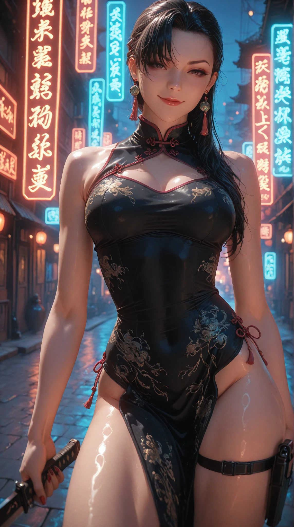 masterpiece,highest quality,High resolution, 1 girl with big boobs,From below,(The legs are very thin and straight)，,(Very Long legs，straight legs),,High heels,Long legs,stand up, Leg length as seen from the front, Perfect body,have perfect legs，Cyberpunk characters，Dynamic pose，1 girl with big boobs，Beautiful Eyes，Brown eyes，eye shadow，compensate，Long white hair， Delicate face， Delicate eyes， Looking at the audience， Blushing Blushing， Fuller lips， Red lips，（Long black hair：1.3）， （stand up）Mechanical static electricity，Machine Summoning，(hair accessory:1.1)，Have，((((Red Chinese Dress))))，(Black Stockings，pantyhose garter)，city，luminous winding，Glowing Butterfly，Cyberpunk Ramp:1.1)，neon，Fully mechanical and futuristic elements，technology，背景是一條中國傳統的street，Chinatown， street， Sky Sky， Cyberpunk characters， Lantern， neon Super Resolution，（reality：1.3），1（slim：1.2），Dramatic lighting，Vivid details，Luxury Cyberpunk，Complex background，Octane&#39;s Rendering，