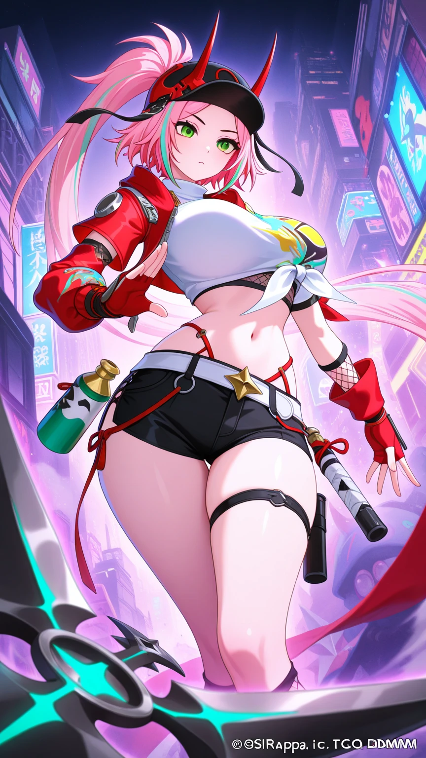 anime girl in a bikini with a sword and a sword, azur lane style, from the azur lane videogame, humanoid pink female squid girl, holy cyborg necromancer girl, katana zero video game character, pink twintail hair and cyan eyes, bikini. background of hell. gore, oppai cyberpunk, biomechanical oppai