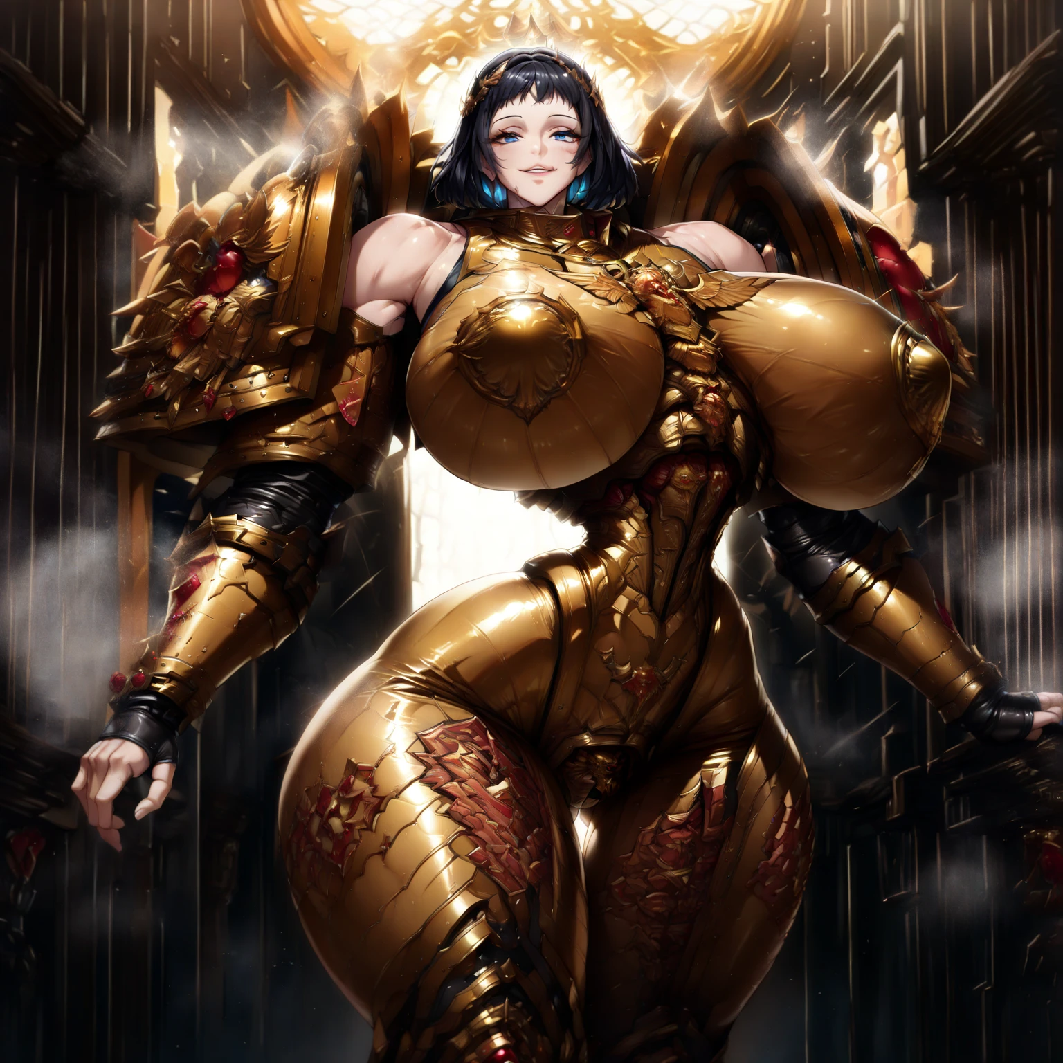 ((hovering intricate metal pieces around woman)), ((masterpiece)),(((best quality))),((character design sheet)), ((full body view)) ((cyberpunk empress)) mature face, ((middle eastern eyes:1.4)), ((gold cybernetic gown)), (((intricate futuristic breastplate))), defined cheekbones, high cheekbones, illustration, muscular, ((cyber gold:1.4)), sexy bimbo, (gigantic breasts:1.7) black hair, ((detailed face:1.4)) beautiful woman, (Chinese:1.4) (white skin:1.4) , (red lipstick:1.4), shiny skin, scribbles and marks,(puffy lips:1.4) , rough sketches, pose, 8k,16k, (simple background, white background: 1.3) ((warm color palette)), ((cyberpunk aesthetic))