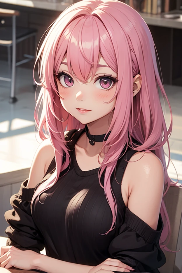 (masterpiece, best quality:1.2), (looking at viewer), happy face, pink theme, cowboy shot, sitting on sofa, indoors, sunlight, pink hair, pink eyes,