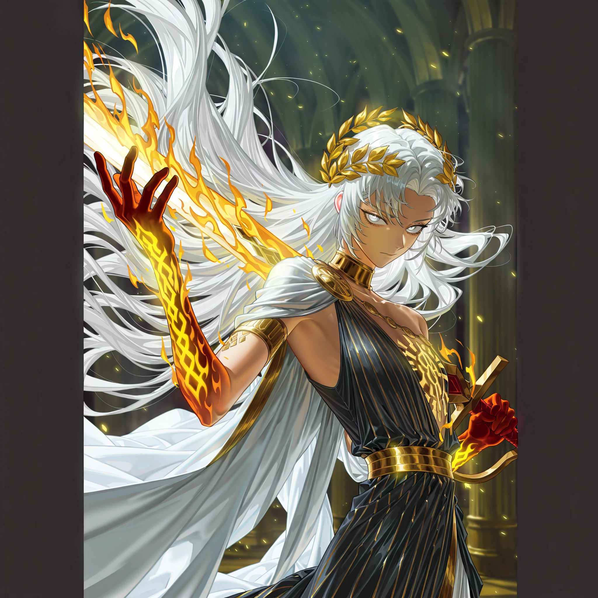 (upper body focus, from the side, medium shot:1.22), dynamic pose, three quarter shot, looking at viewer, mature, 1girl, solo, mature, masterpiece, best quality, amazing quality, very aesthetic, high resolution, ultra-detailed, dramatic lighting, CG art, absurdres, scenery, golden aura, golden flames, white flames, (Senti, Herrscher of Sentience, FuHua, Fol005, Fh_Hos:0.73), flat chest, white hair, white eyes, carapace, shoulder cape, black dress with golden trim, gold accents, synthetic armour, nanoweave, (greco roman dress, greek dress:1.4), wielding greatsword, bloody red greatsword, warrioress, priestess, laurel crown, glowing cape, Vergillius from Limbus company, LionLimbus, cosmic weapon, asymmetrical clothes, SSR Gacha character, villainous, ornate clothes, (flame sword summons, cosmic sword:1.3),