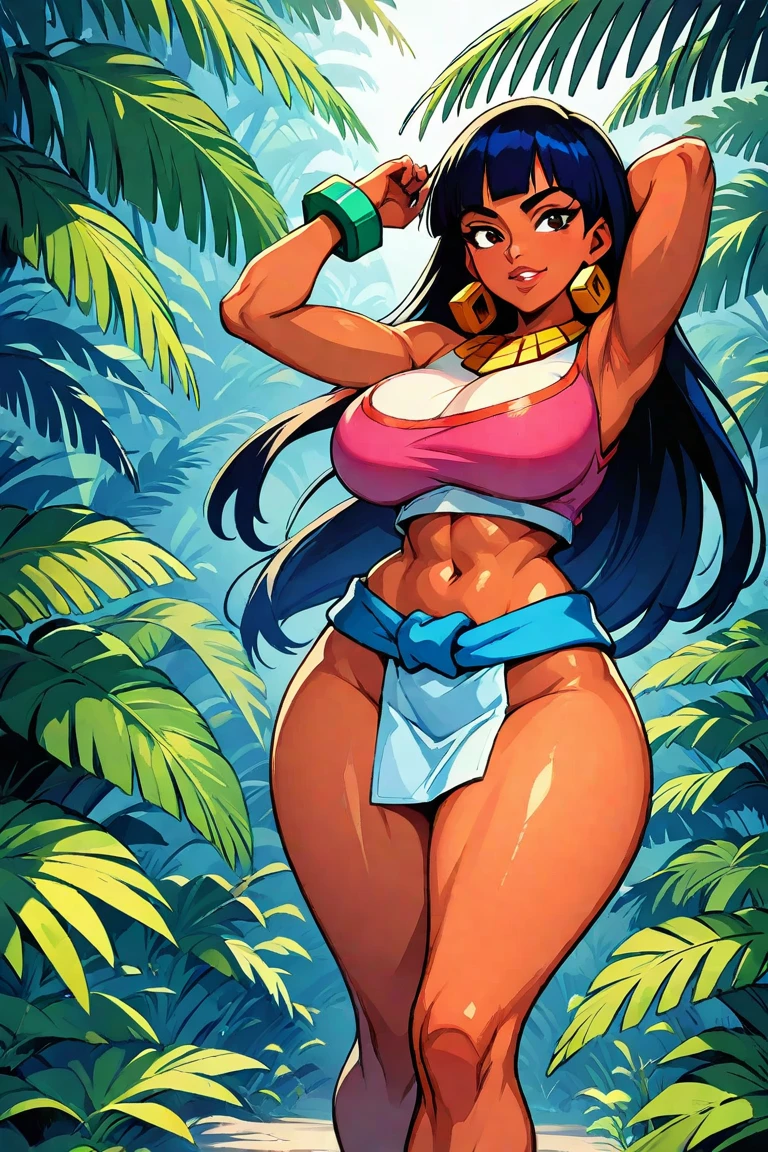 a sexy brown voluptuous big ass, freaky big booty, bikini native american girl, wearing accesories in the arms and legs, with kart market buying things in a mart, artistic composition, masterpiece art