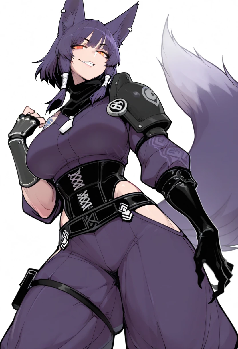female, black long hair with magenta trim, silver eyes, wolf ears, wolf tail, (((1girl))), (((black and magenta leotard))), (black clawed gauntlets), (black clawed boots), (black eye mask), cute and sexy, full body, large breasts, long legs, smiling