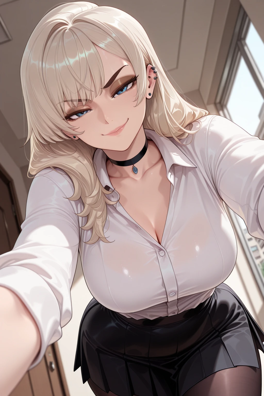 best quality, masterpiece,1girl,mature female,medium breasts,cleavage,(white_hair:1.2),(makeup:1.2), Lipstick, evil smile,(office_lady),cowboy shot,(wet skin:1.2),leaning forward,from_below,foreshortening