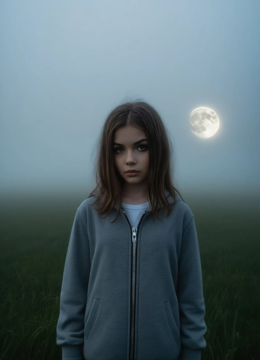 Realistic image of a girl against the backdrop of the full moon