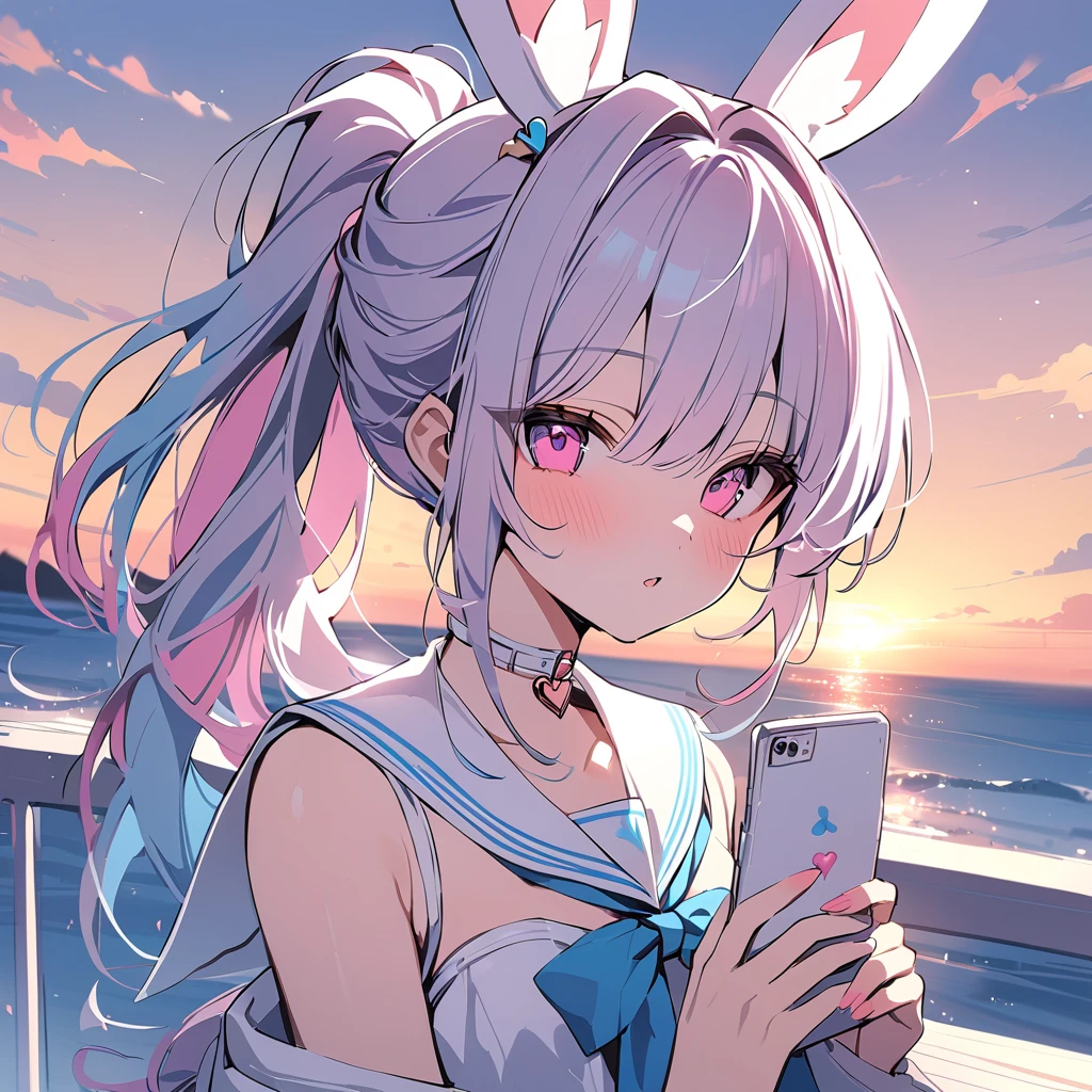 masterpiece, (detailed, highres, best quality), 1girl, <lora:spgbfMakura:1> makuradef, rabbit ears, one-piece swimsuit, bare arms, bare hands, blue sky, blurry, blurry background, cloud, cloudy sky, day, ocean, outdoors, simple background, sky, striped, water, water drop, blush, holding, holding phone, parted lips, solo