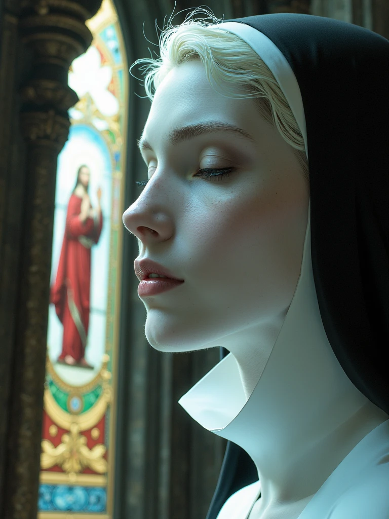 Brigitte bardot in a church, nun costume, praying, portrait, seductive smile, in the style of subversive film, new wave, vibrant, lively, suburban gothic