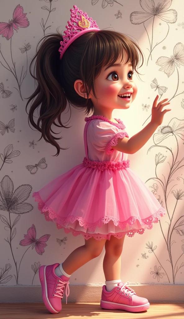 A poster，banner；1Little girl lying on the floor，Sweaty face，Wear ballet costumes，your feet，Happy expression，Looking at the dancing shoes in front of me，Long hair；Composition：The character is on the right，Light pink background，Pink ribbon for atmosphere decoration。