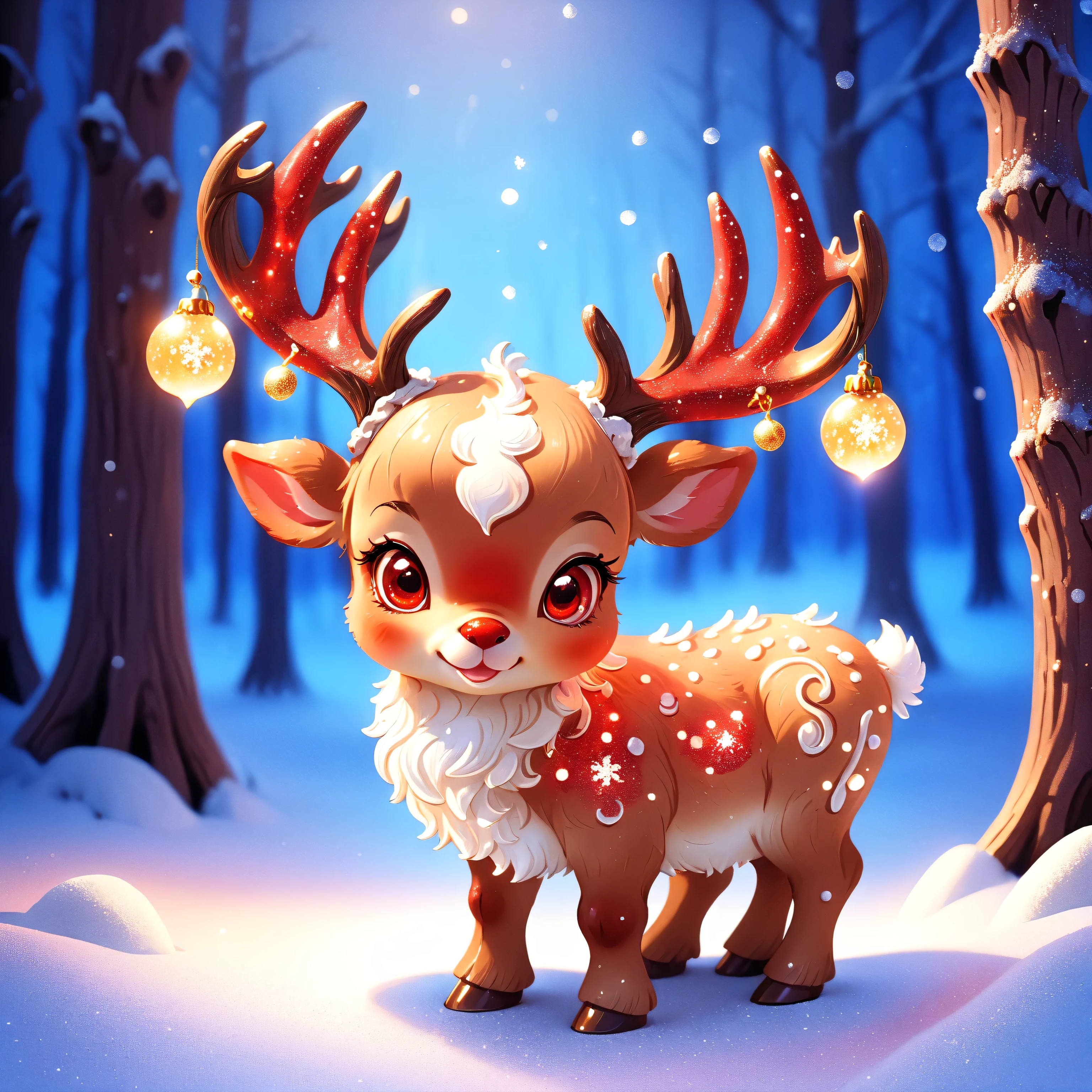 (Best quality,absurdres,masterpeice:1.4), high quality fantasy art of a beautiful adorable super cute baby reindeer, glowing within, delicate figurine, red nose, kawaii, adorable, snowy forest background, red glitter