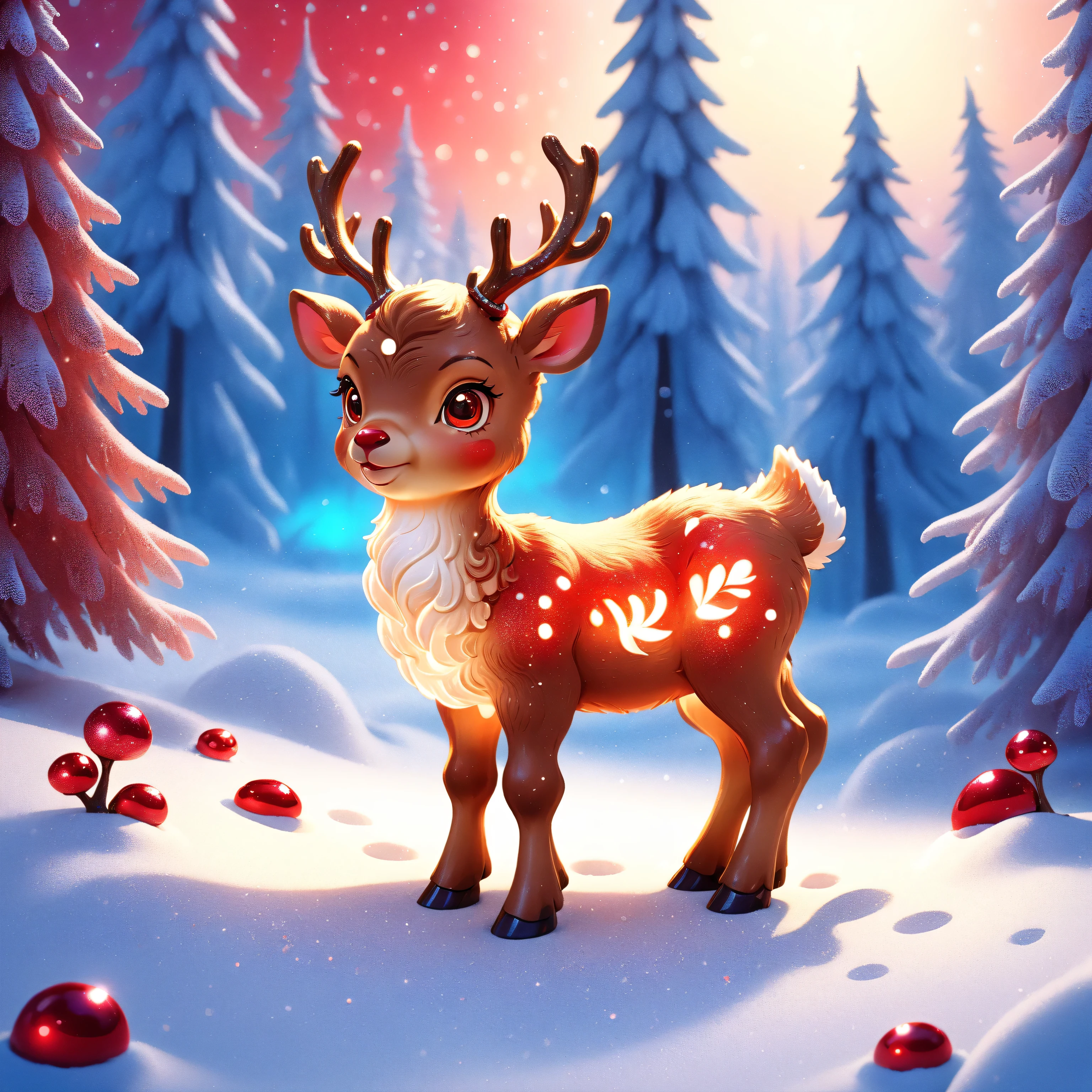 (Best quality,absurdres,masterpeice:1.4), high quality fantasy art of a beautiful adorable super cute baby reindeer, glowing within, delicate figurine, red nose, kawaii, adorable, snowy forest background, red glitter
