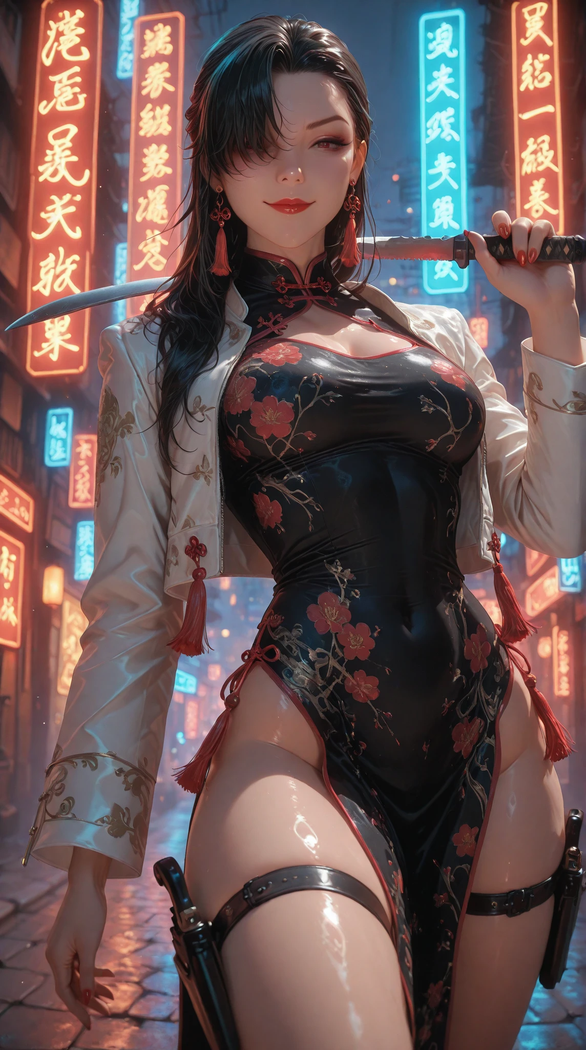 (La mejor calidad,A high resolution,Ultra - detallado,actual) ,Ariana Grande vestida slow samba red bruja scarlett Johansson,capa roja, lingerie rojo, (fondo ciudad Tokio cyberpunkAI colors:1.4) ,(hermosos ojos azules), (fondo Tokio grandes negro:1.4) , (pose vaquero ), (realistic) ,Arte detallado de alta calidad 8K, Fanart Mejor ArtStation, Fantasy art style ,(Bruja Escarlata:1.4)