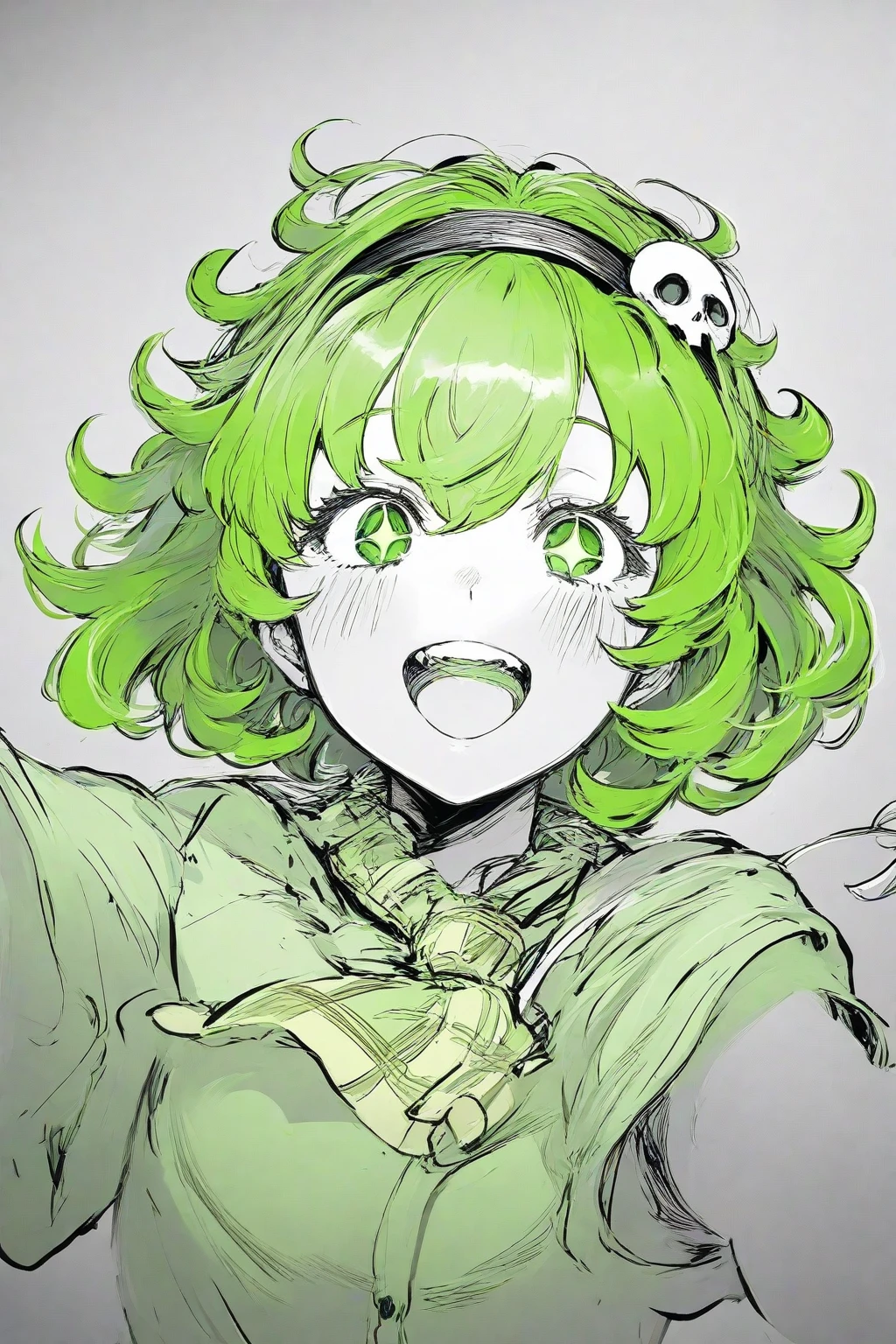 Neril T. Odelschwank, Green Hair,Yellow Eyed, skull, Facial Tagging,Large Breasts,Smile , Open your lips, Happy, Home wear