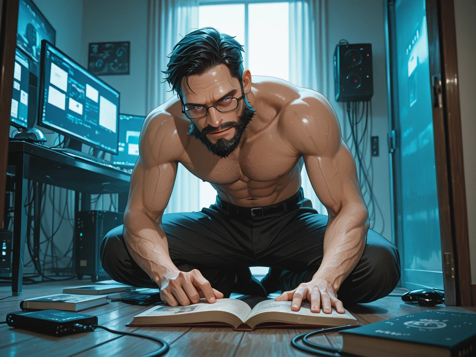 A perspiring male college student sits on a couch alone in a room whose walls are all projection screens showing bodybuilders lifting weights, throwing away books, and staring blankly ahead. The student is wearing a tight sweat-soaked shirt that says JOCK-U as he stares blankly in hypnotic stupor with mouth hanging open and slips into a dumb jock persona, flexing both biceps as he grows more masculine. Big biceps. Big triceps. Big traps. Broad shoulders. Broad chest. Thin vapor coming from armpits and around his head. "Bigger. Dumber. Lift. Flex. Swell. Grow. Big muscles stay. The smarts must go.... Huhuh.... Wut up, Bro?"