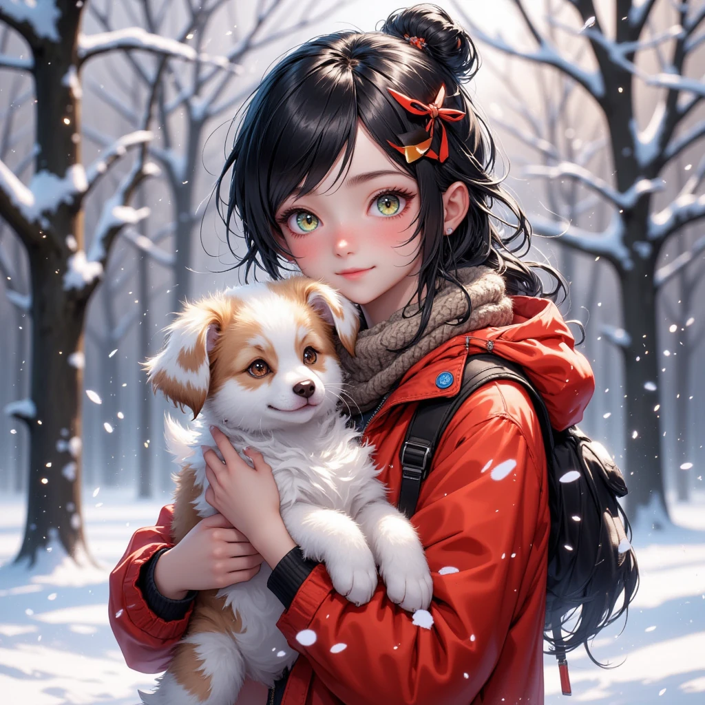 Style-NebMagic, Portrait of a round fluffy baby chihuahua DOG wearing a scarf made of Style-SylvaMagic in the snow, by Ismail Inceoglu, Gazelli, James Jean, Anton Fadeev and Yoshitaka Amano, insanely detailed, 8k resolution, digital art, trends in fashion arts station, vibrant colors, chibi style, a masterpiece, adorable and friendly