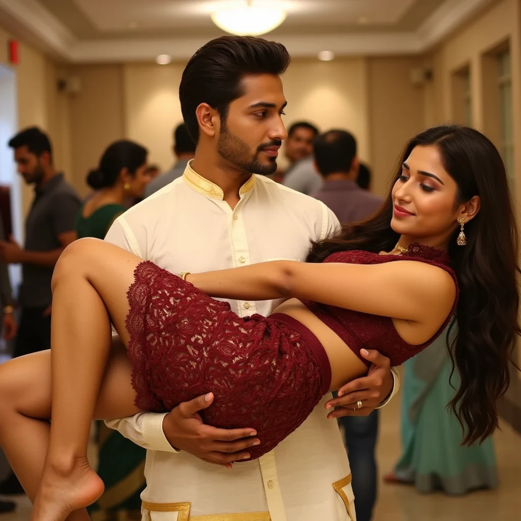 A beautiful couple hugging eachother. Girl in saree and husband in south indian lungi