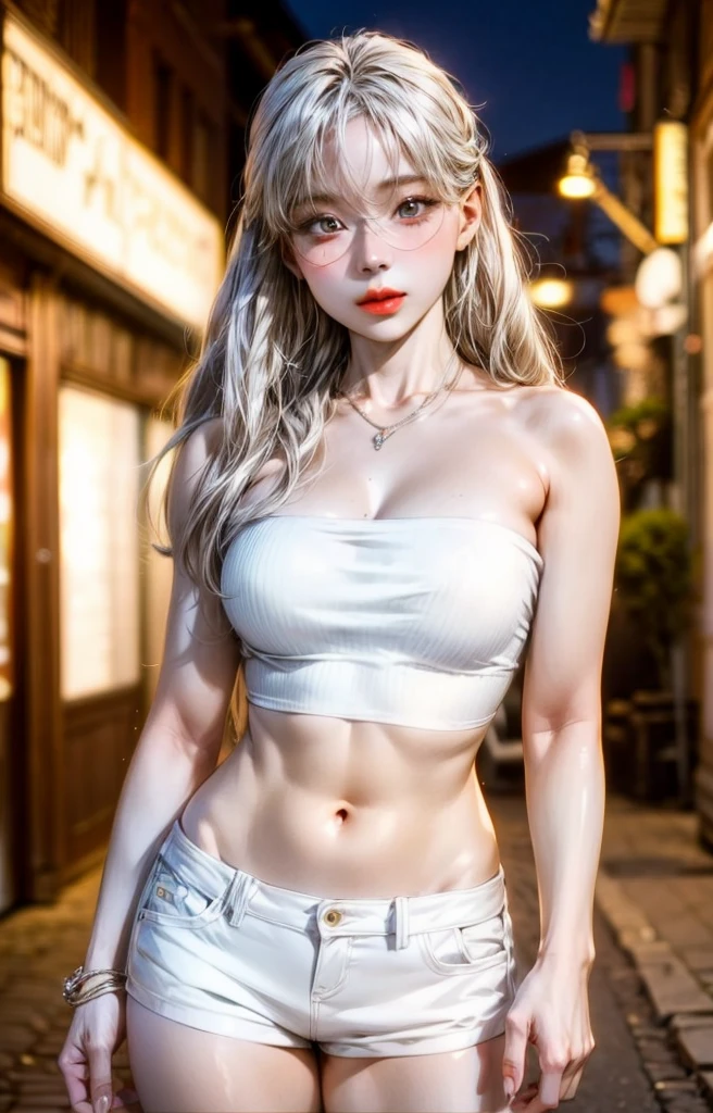 Beautifully saturated photos by Emily Soto, (Cute Japan idol woman), clavicle, (mature:1.3), highest quality, humid, Fascinating,skinny, smile, no_panties, Large Breasts, (masterpiece),(highest quality),(((Pussy:1.3))), ((photoRealistic)), One girl, (Silver Hair:1.2), (Waist-length hair:1.5), Big Ass, Gray background, lips, Realistic, A konigsreuter, (Sheer Crop tube Top:1.5), (High-Waisted Shorts and Fishnet Tights:1.5), (from avobe:1.5)