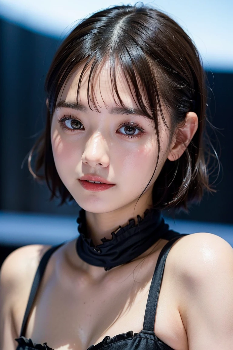 best quality, 1 Girl, dark blue hair, black eyes, Very short hair, Spiky hair, wears sweet black dress luxury,A cropped dress, 171 cm, Messy hair, Hair between the eyes, Tomboy, aldult, 20 years old, A sweet girl by the mountain