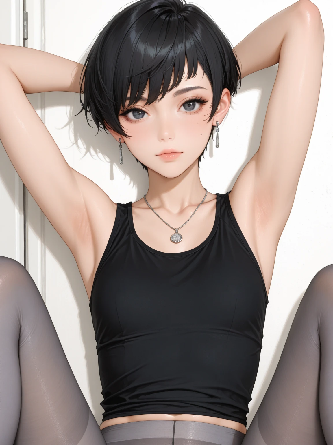 beautiful, (masterpiece:1.2), (best quality:1.2), perfect eyes, perfect face, perfect lighting, 1girl, black hair, bob cut, hair covering one eye, grey sleeveless sweater, look at the viewer, (wide angle:0.8)
,squatting,arms up,