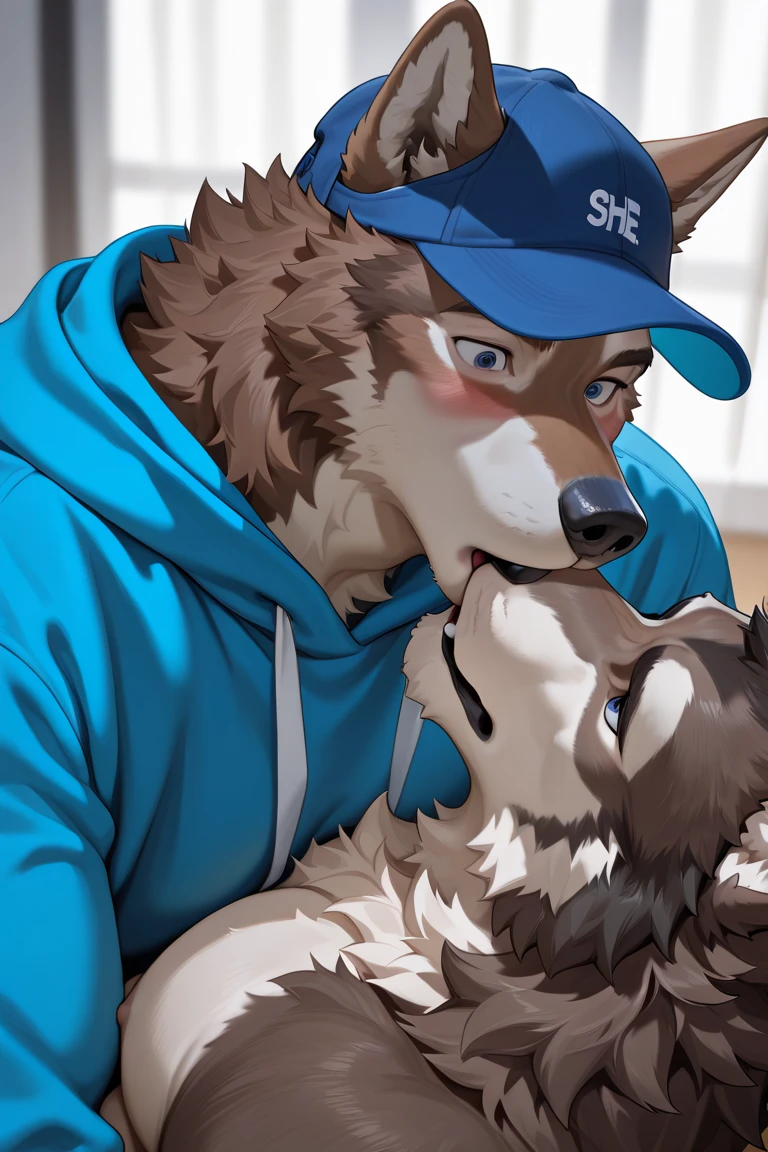 A brown naked furry boy with oily skin wearing a blindfold having sex with an oily furry girl that has eyes