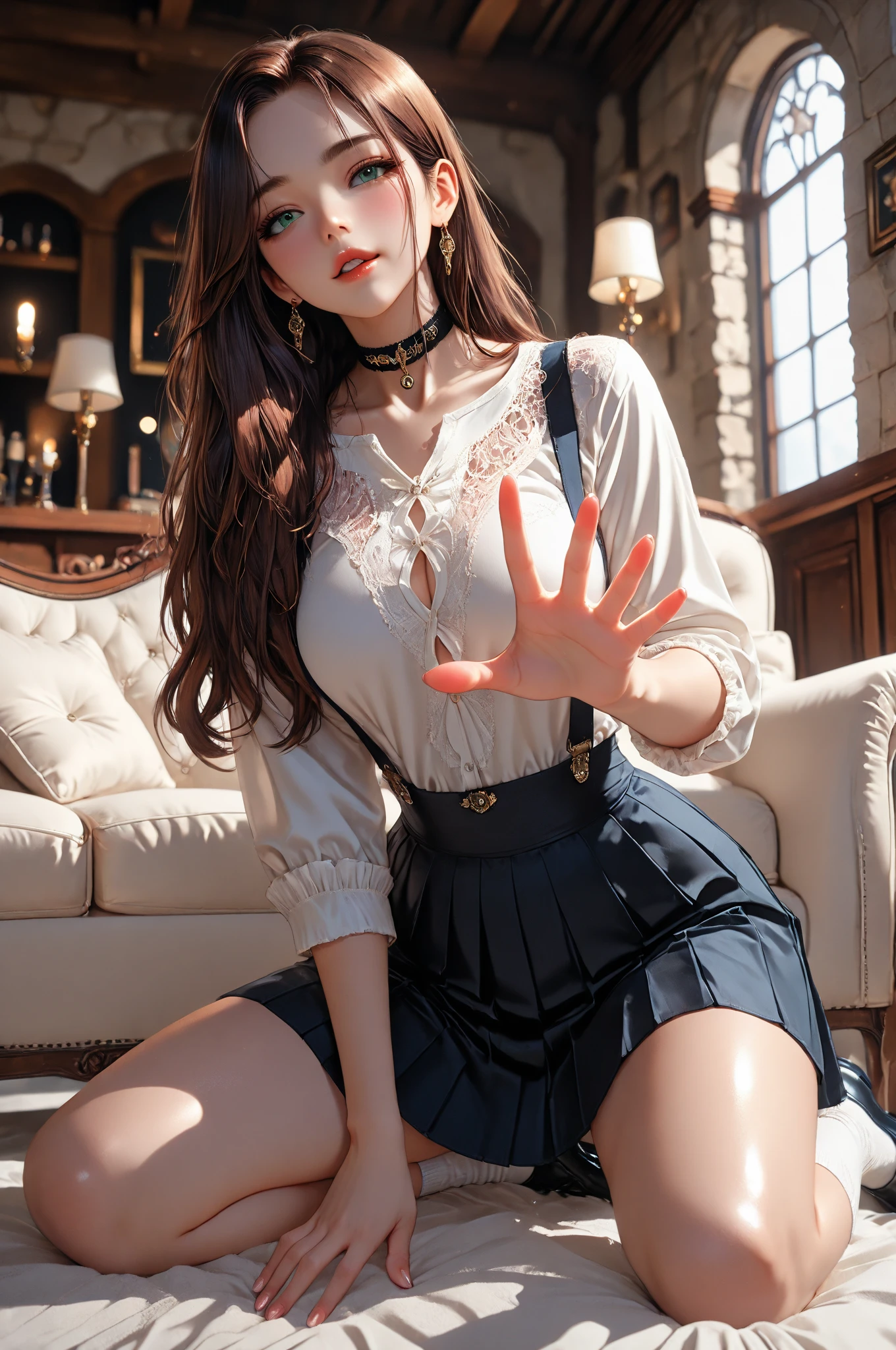 photorealisim、top-quality、超A high resolution、a picture、Photo of an exquisitely beautiful Nordic-born girl、Extraordinary beautiful girl、Highlights of cheek luster、Detailed cute and beautiful face、(pureerosface_v1:0.008)、Beautiful bangs、Glowing white shiny skin、Bangs between the eyes、shiny and beautiful hair、Silky hair、finer hair、High-definition eyes、Beautiful, Bright and clear, Big eyes shine charmingly、eye liner、Double eyelids、Full body like、dismay、red blush、embarrassed from、glares、 shiny little necklace and earrings, shiny lips: 1.4, humiliated、impatience、dismay、Frightened、glares、Exposed cleavage、（A large amount of sperm in the chest:1.4）（Large amount of sperm in the thighs:1.2）、red blush、Tears are embarrassing、White underwear、White bra、Open knees、open one's legs、Masturbation behavior、Disheveled clothes、Dressing、Exposed panties、Wearing sweat、sodden、Sheer underwear、Neat girl,18 years old, (High School Uniform: 1.0),Wavy Hair, Brown hair, bangs flowing diagonally, Medium Long Hair, Blue eyes, Small breasts, In the classroom where the setting sun shines, sitting in the chair、