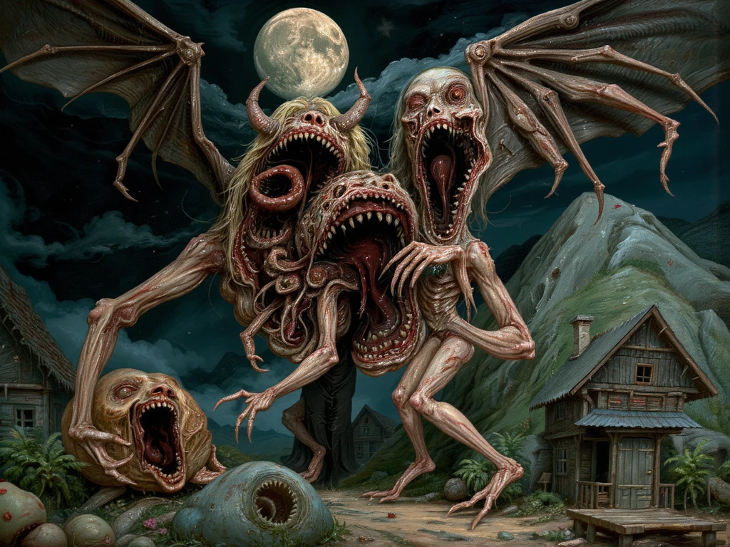 DREAD, <lora:WorldofUndead:1>, worldofundead, rotting, rotten flesh, Skeletal,, blood, gore, Massive Terrifying Mythical Ethereal Anthropomorphic, Tripedal Quadrumanual, Padded Appendages, Multi-Tailed, Short-Tailed, Feathers, Furry Ears, Demonic Wings, , night, moonlight, volumetric lighting, , Horror, <lora:more_details:1>