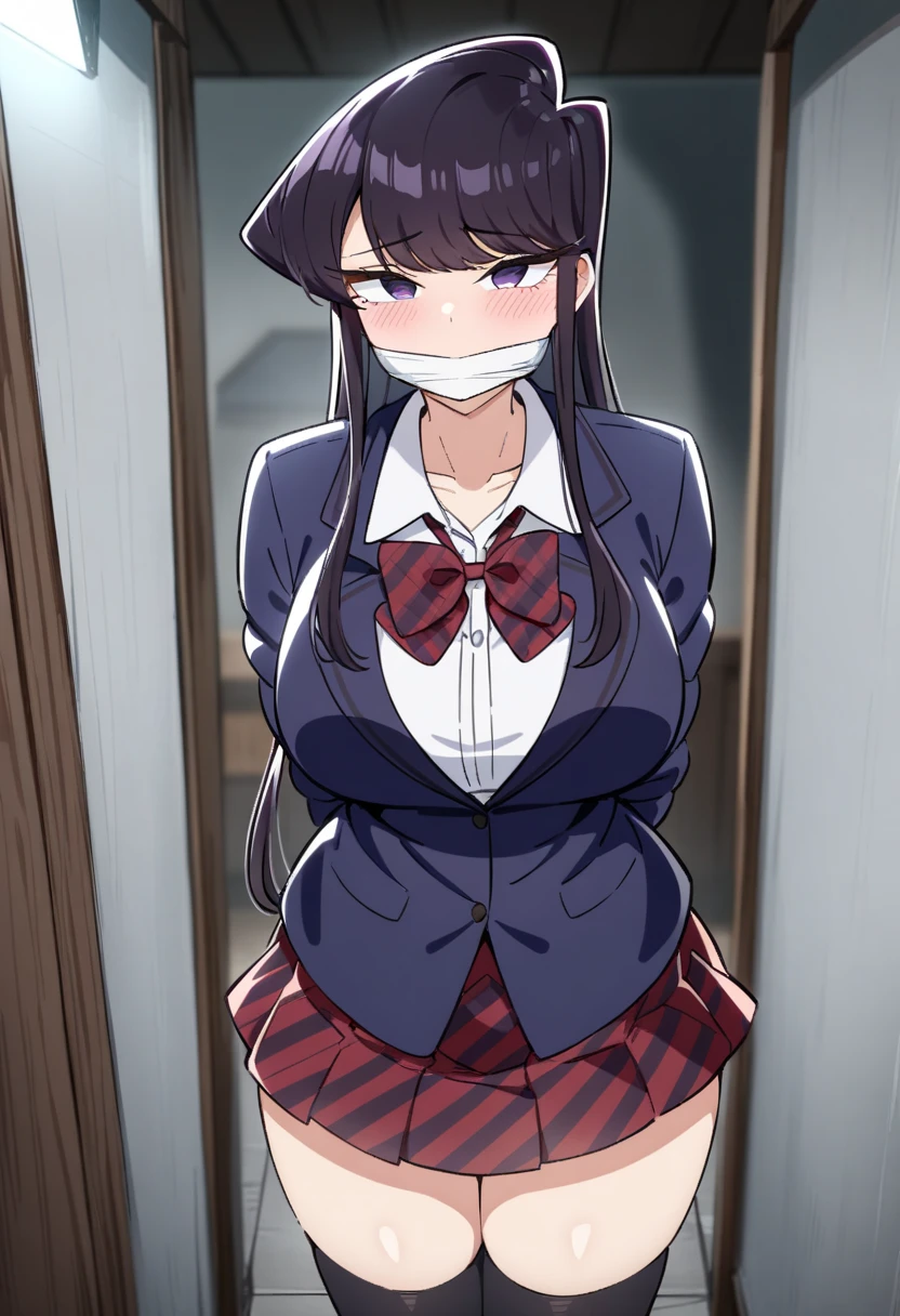A woman with very long black hair and (very long bangs:1.5), wearing a and skirt, blazer, pantyhose, standing. The artwork is inspired by manga and incorporates a doujin style. The woman appears to be (wetting herself:1.5), which causes her to feel embarrassed and humiliated, resulting in a blush on her face. In addition, there is an air of anger in her expression. The lighting in the scene is moody, with a spotlight highlighting the woman's figure. She is crossing her arms, (arms crossed:1.5), fully showcasing her skirt., large breasts