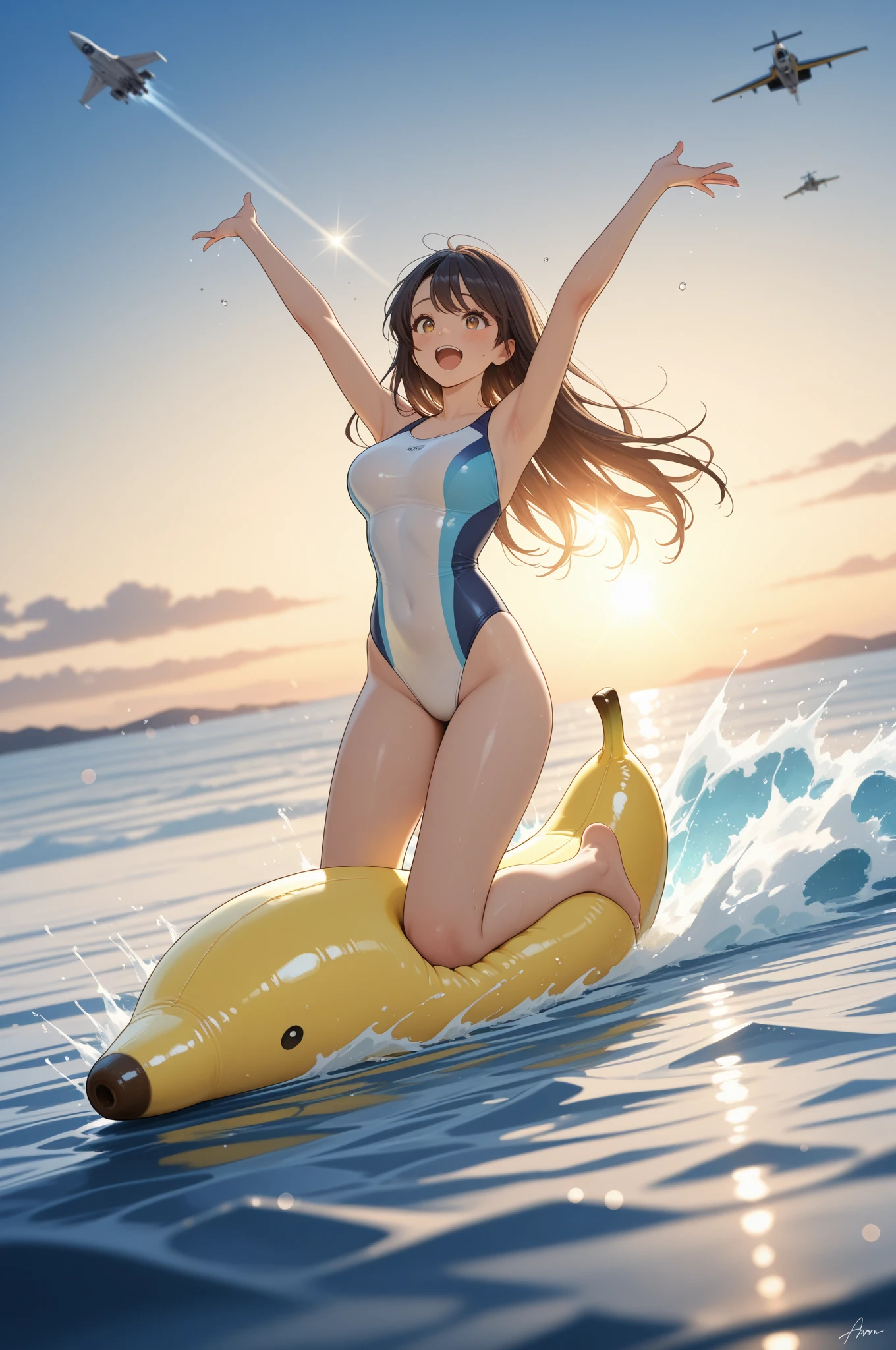 (female:1.2) (bodybuilder:0.8), hyper realistic, masterpiece, photorealistic, real skin, detailed face, detailed skin, detailed lighting, 1girl, (blue eyes), large breasts, bikini, long hair, black hair, red lips, blush face, shocked face, riding dolphin baloon, beach background, knee
