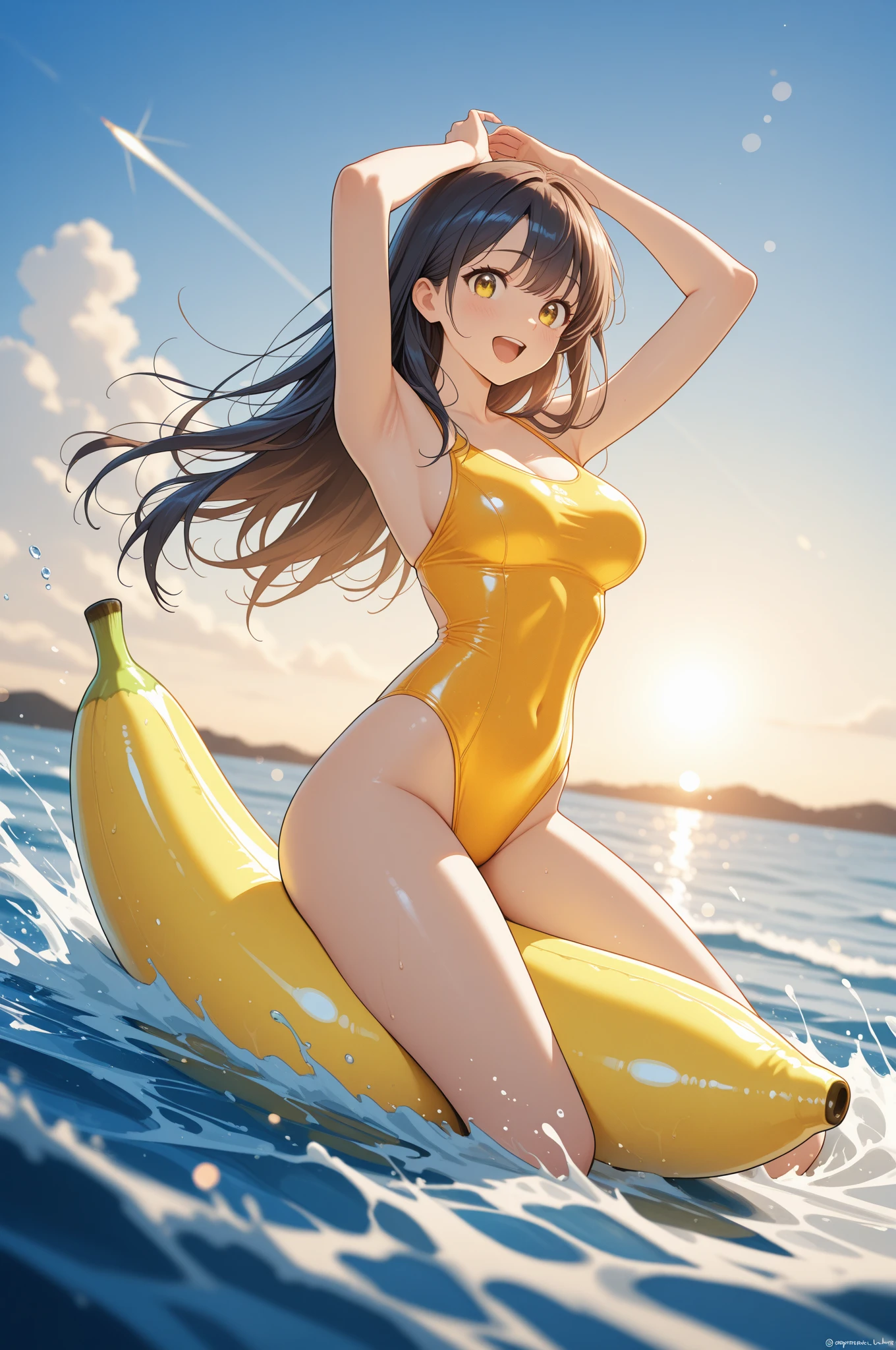 (((Black hair))), long hair, blue eyes, sexy, large breasts, beautiful body, masterpiece, smile, (((banana print lingerie))), sexy lingerie, hotel swimming pool,busty, buxom, curvy, voluptuous