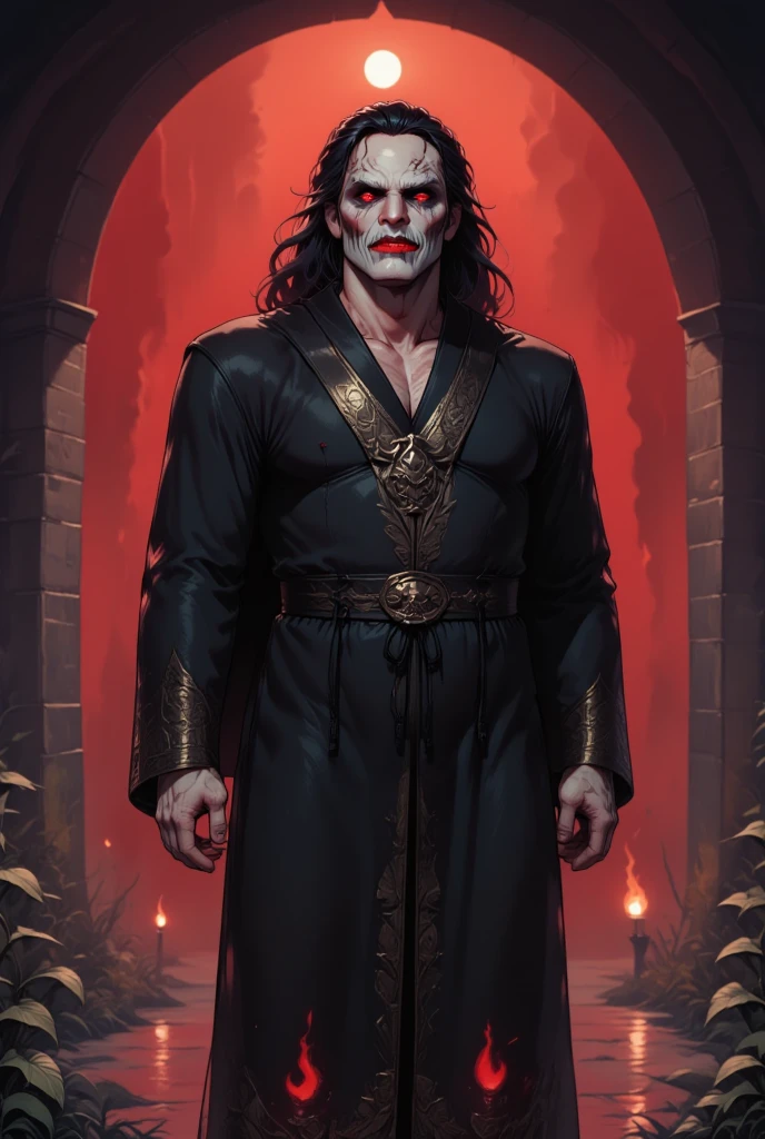 Un vampire, couvert de sang, se tient dans une mare de pourpre, ses crocs bien visibles. Ses yeux sont fermés et son expression est celle du chagrin et du désespoir. Il est entouré des ruines d'une ville autrefois grande, témoignage de la destruction qu'il a provoqué. Art numérique, dark fantasy, éclairage dramatique, inspiré du style de Greg Rutkowski. L'arrière-plan flou et sombre, textures de pierre brute et de plumes collées.