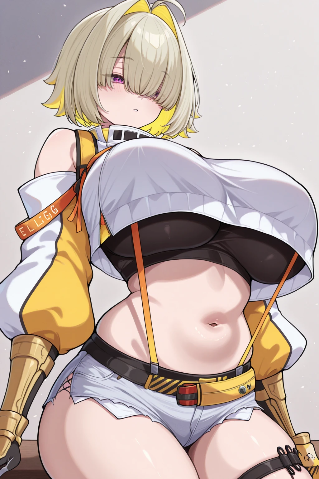 masterpiece, best quality, ultra-detailed, Potrait of beautiful , (chubby) (sexy), (plump), (curvy), (sexy), (nude), ((tomboy)), (anime), (Breasts), (Plump), ((very short hair)), (boyish), (little brat), (naughty), (young), (Short Hair), (pudge face), (cute), (handsome), (nude), (big areola), (Bad body odor), (Elegg), (purple eyes), (belly button), (Sinister), (The eyes are hidden by the bangs)