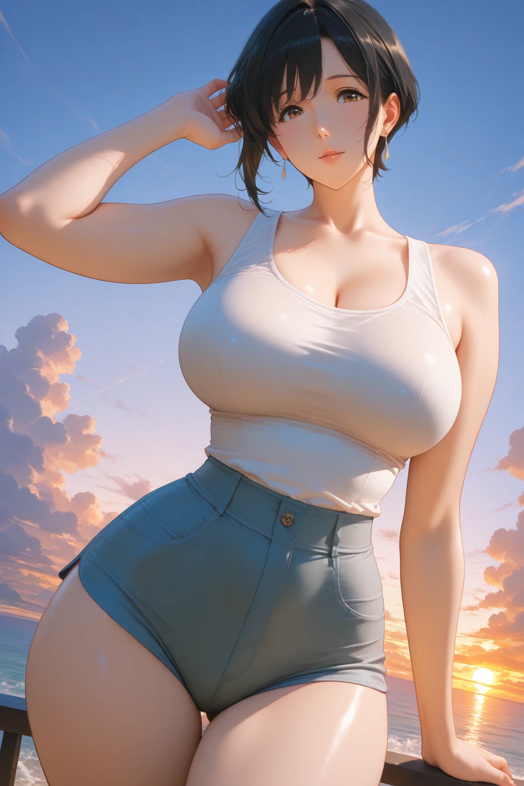 (hyperrealistic), (illustration), (high resolution), (8K), (extremely detailed), (best illustration), (beautiful detailed eyes), (best quality), (super detailed), (masterpiece), (wallpaper), (detailed face), solo, (dynamic pose), 1girl, white off-the-shoulder shirt with sexy super short yoga pants, bare shoulders, blooming flower field, glowing skin, light smile, camel toe, (no panties), (no bra)