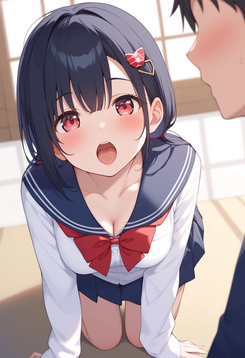 looking ahead,from above,slouch,handjob,side view,face focus,open mouth,tongue out,cum on tongue,Licking the penis,(1girl,Beautiful 14 year old girl),((Slender,Small breasts,Baby Face,Small face,)),looking at viewer,Black Hair,bangs,two side up,Gray Eyes,Drooping eyes,slit pupils,narrow eyes,,Short sleeve shirt,Red ribbon,Navy Skirt,Beautiful and detailed anime art,Mischievous smile,Dimly lit room,Simple Background,Gray background,Low lighting
