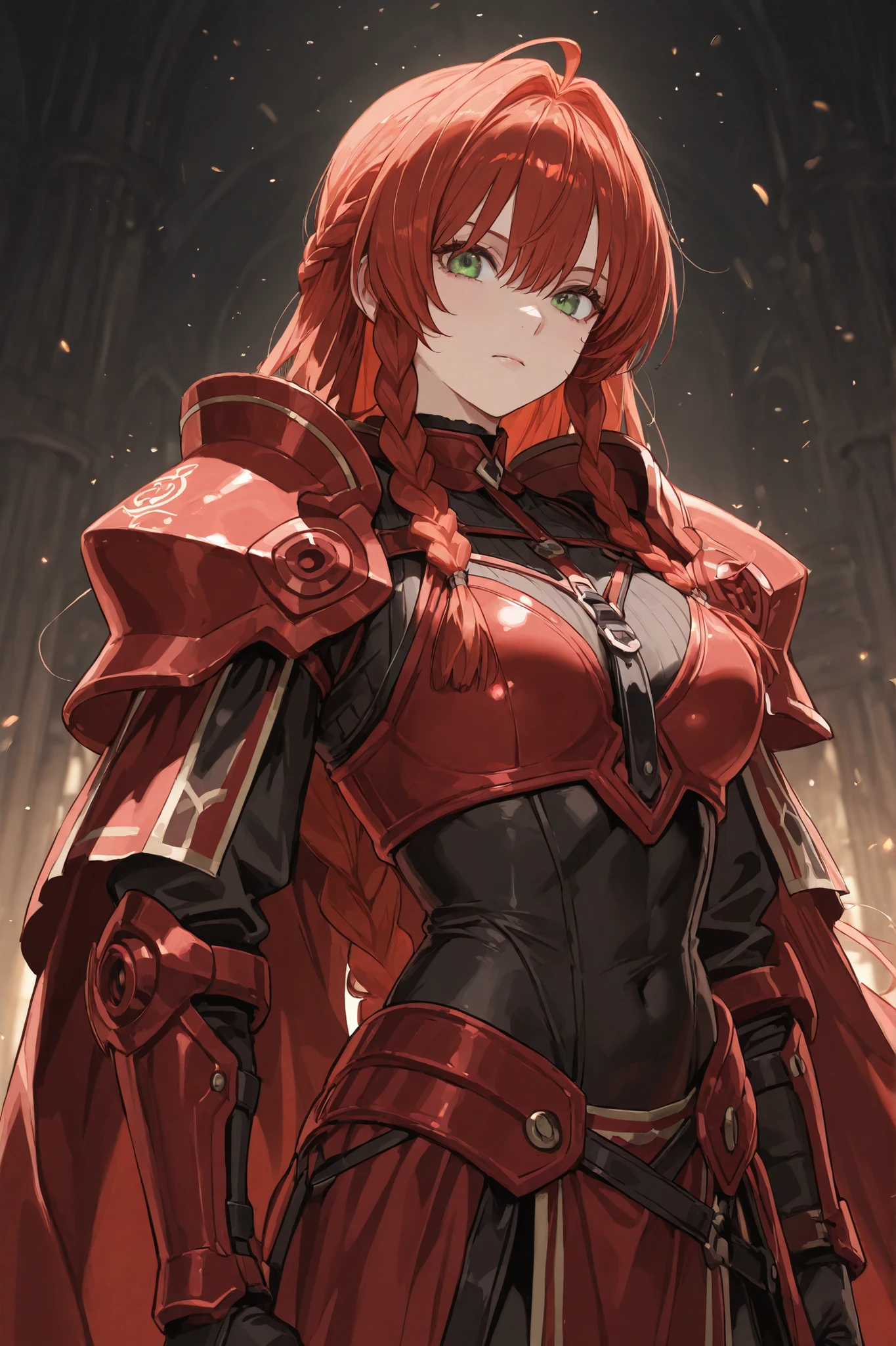 masterpiece, best quality 1girl, solo, beautiful woman,  bangs, red hair, long hair, hair two side up, orange eyes, grin, medium breasts, armour, fantasy dress,  looking at viewer.