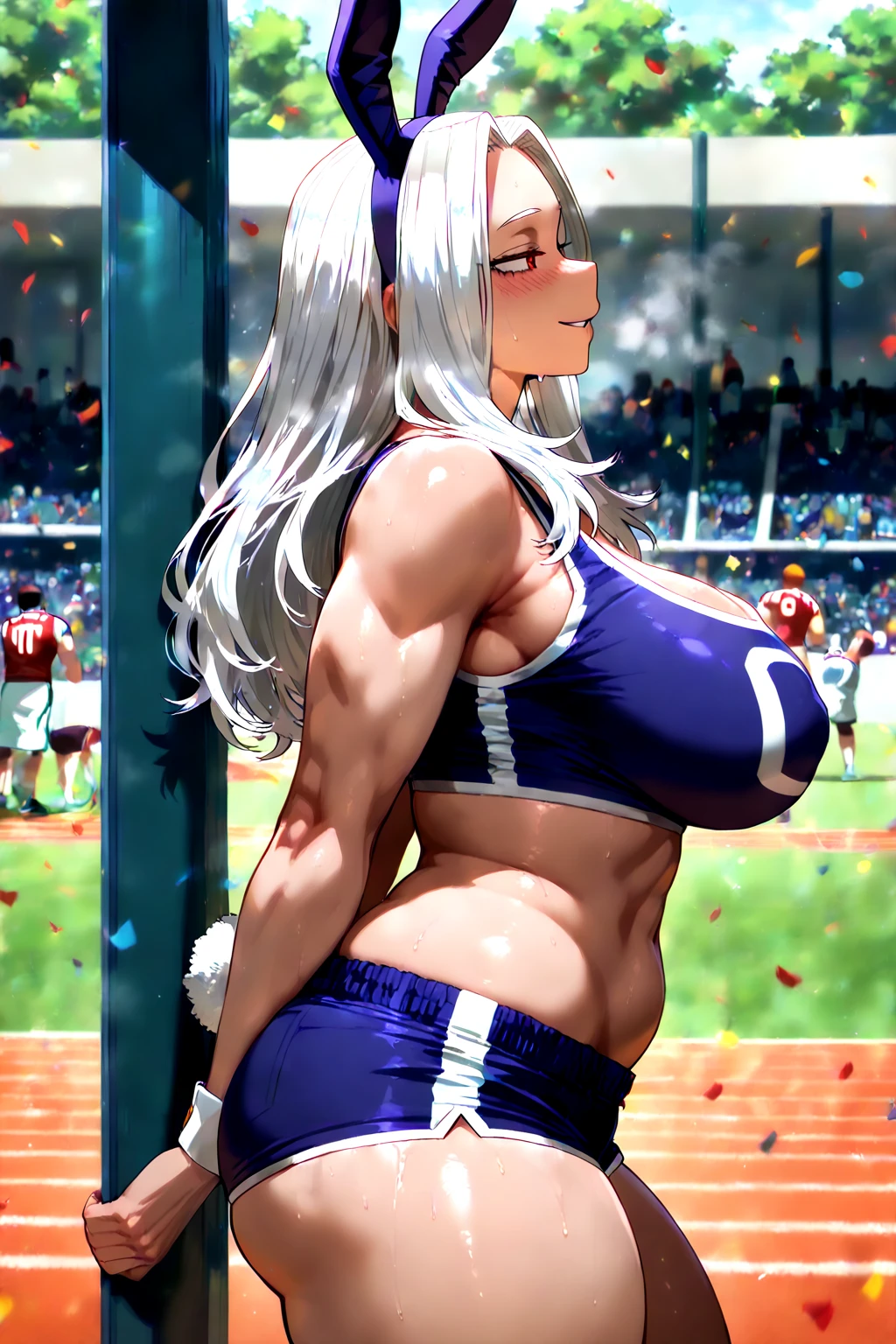 A woman wearing a cheerleader outfit, purple eyes, silver hair. on a baseball field, muscular.
