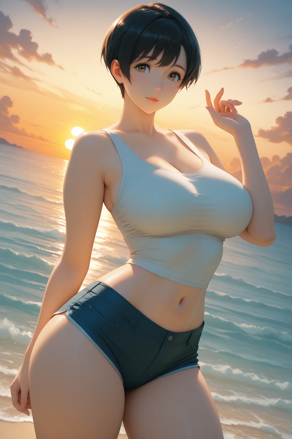 high resolution, 1 girl, beautiful eyes, brown hair, short hair, bangs, bob cut , thick thighs, slim waist , makeup, mature female, (shiny skin), cinematic lighting, full body, looking at viewer, blue eyes, red lips, closed mouth, (fashi-girl), black thong, white crop top, alluring, high heels, beach, huge breasts, curvy, perfect body, (masterpiece:1.4), detailed,
