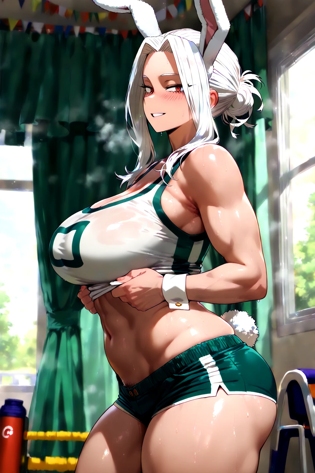 photo of aafng, braid, large breasts, large breasts and a huge ass doing squats indoors with soft lighting, (muscular with abs), (sweating:1.4), (perfect face), masterpiece, blush, 1girl, solo, smooth anime cg art, (braided hair:1.2), ultrahd, 4k, highres, (arms behind head:1.4), squatting, full body, (swimsuit:1.1), toned body, abs, stockings
