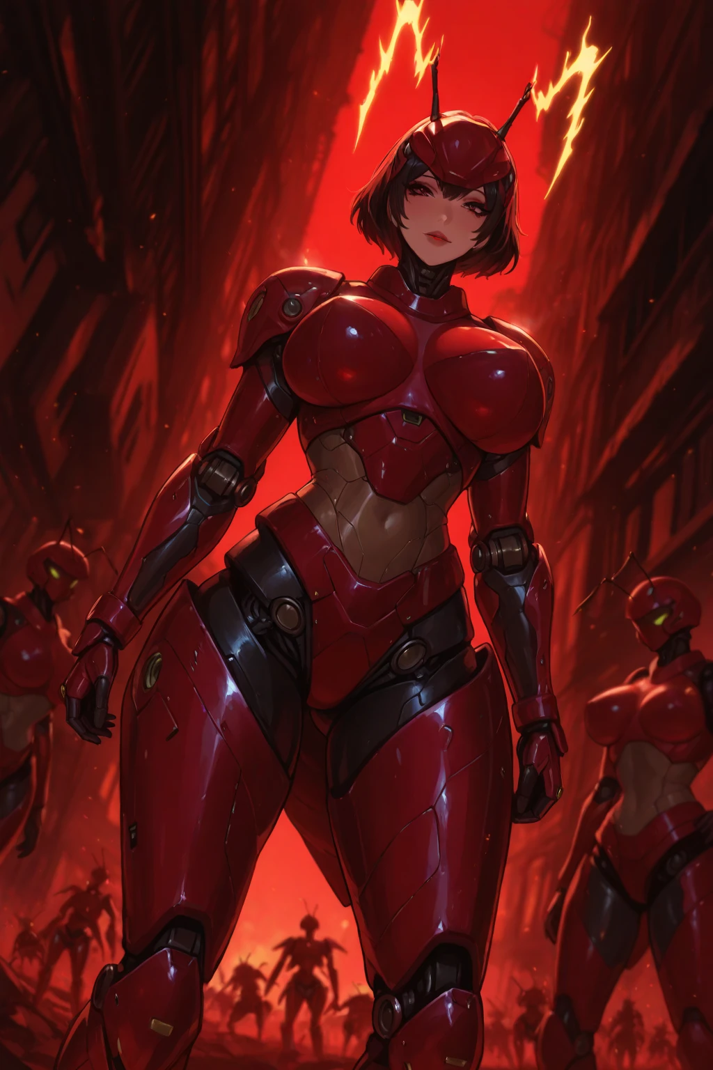 (Anime Line Art) A sexy Sith Warlord (alien, big breasts, no hair many small horns instead, blood red eyes, deep red almost black skin, many fierce orange body tattoos, small fighting costume, looks unhinged, wielding a red light saber) is dueling with a Jedi woman (big butt, small breasts, sailor school outfit with scifi gadgets, short hair, big eyes, calm and composed, masterfully deflecting the sith attacker), set in a sci-fi high technology building