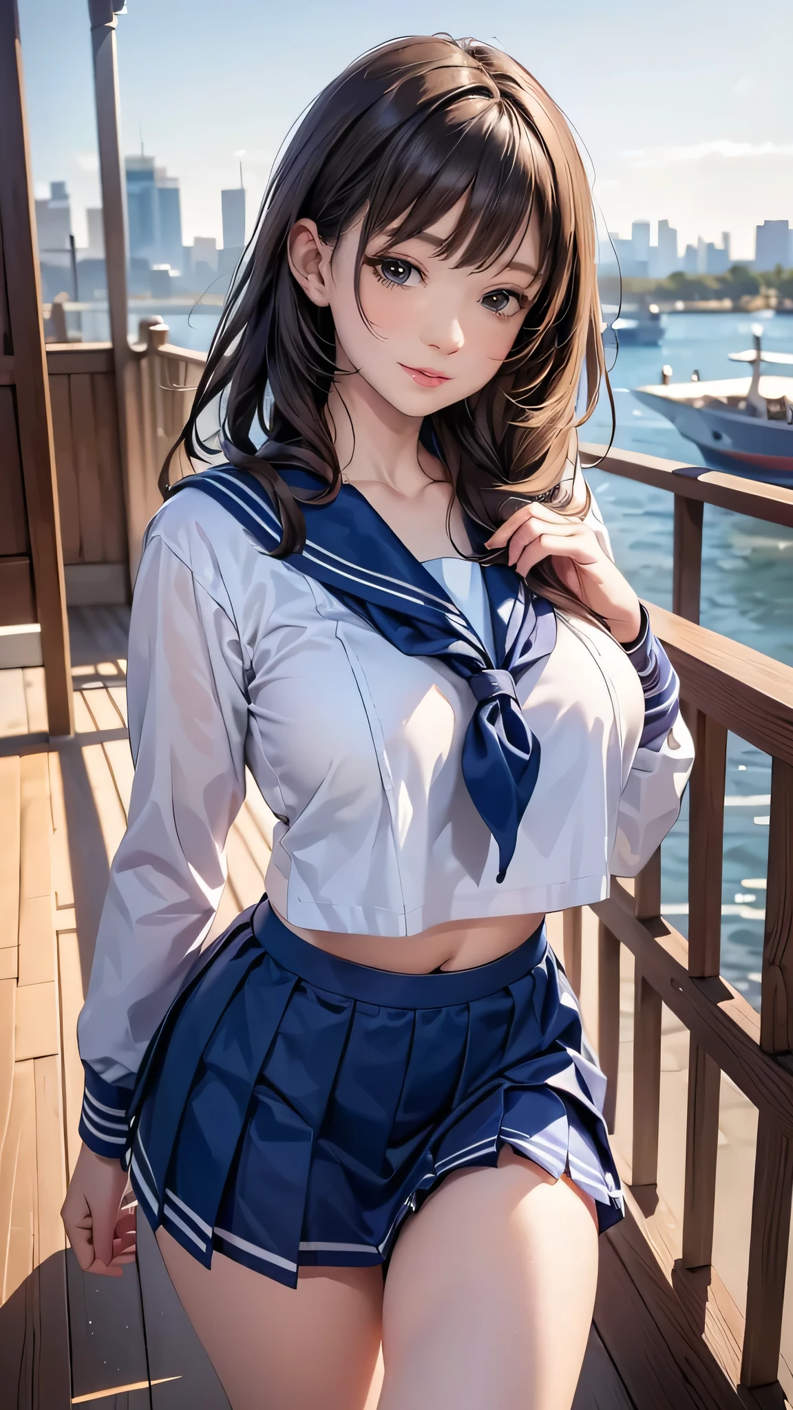 (masterpiece:1.2, highest quality), (realistic, photorealistic:1.4), beautiful illustrations, (natural side lighting, movie lighting), beautiful thighs, Front view, 1 girl, high school girl, 15 years old, perfect face, Cute symmetrical face, shiny skin, ランダムなカラーのsailor suit、
(ponytail、blonde), Big eyes, long eyelashes chest), thin, expensive、
beautiful hair, beautiful face, fine and beautiful eyes, beautiful clavicle, beautiful body, beautiful breasts, beautiful thighs, beautiful feet, beautiful fingers,
((High-quality fabric, sailor suit, navy pleated skirt)),
(beautiful scenery),Are standing, (smile, Superior, open your mouth), (((skirt lift, panties are visible)))