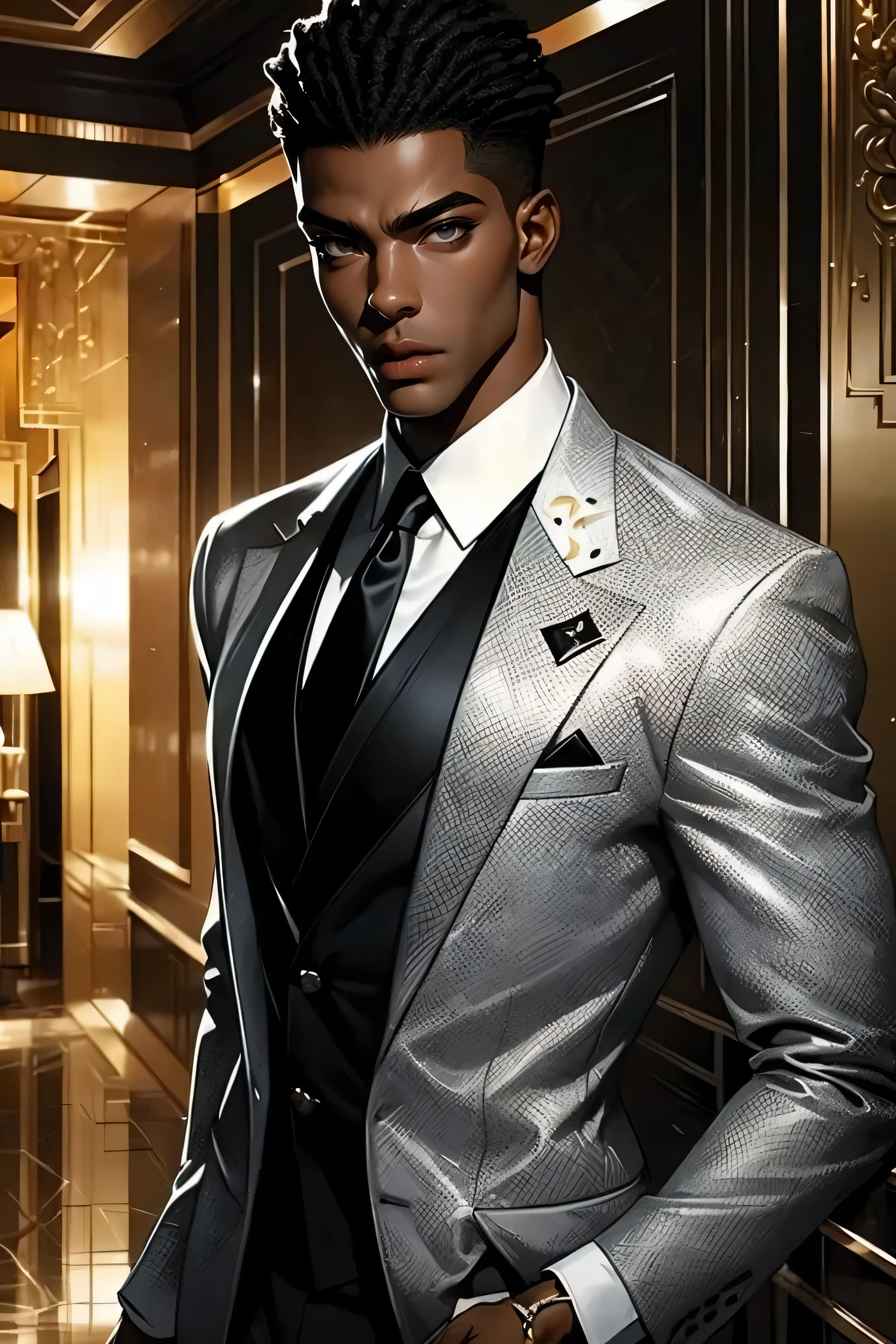 Best quality, masterpiece, very detailed, semi-realistic, HD, gorgeous African man, dark hair, dark eyes, (solo), highly detailed textures, sexy body, movie style, (male focus), standing in a hotel lobby, (male focus), wearing a black suit, silver tie, detailed background, seduction, visual novel