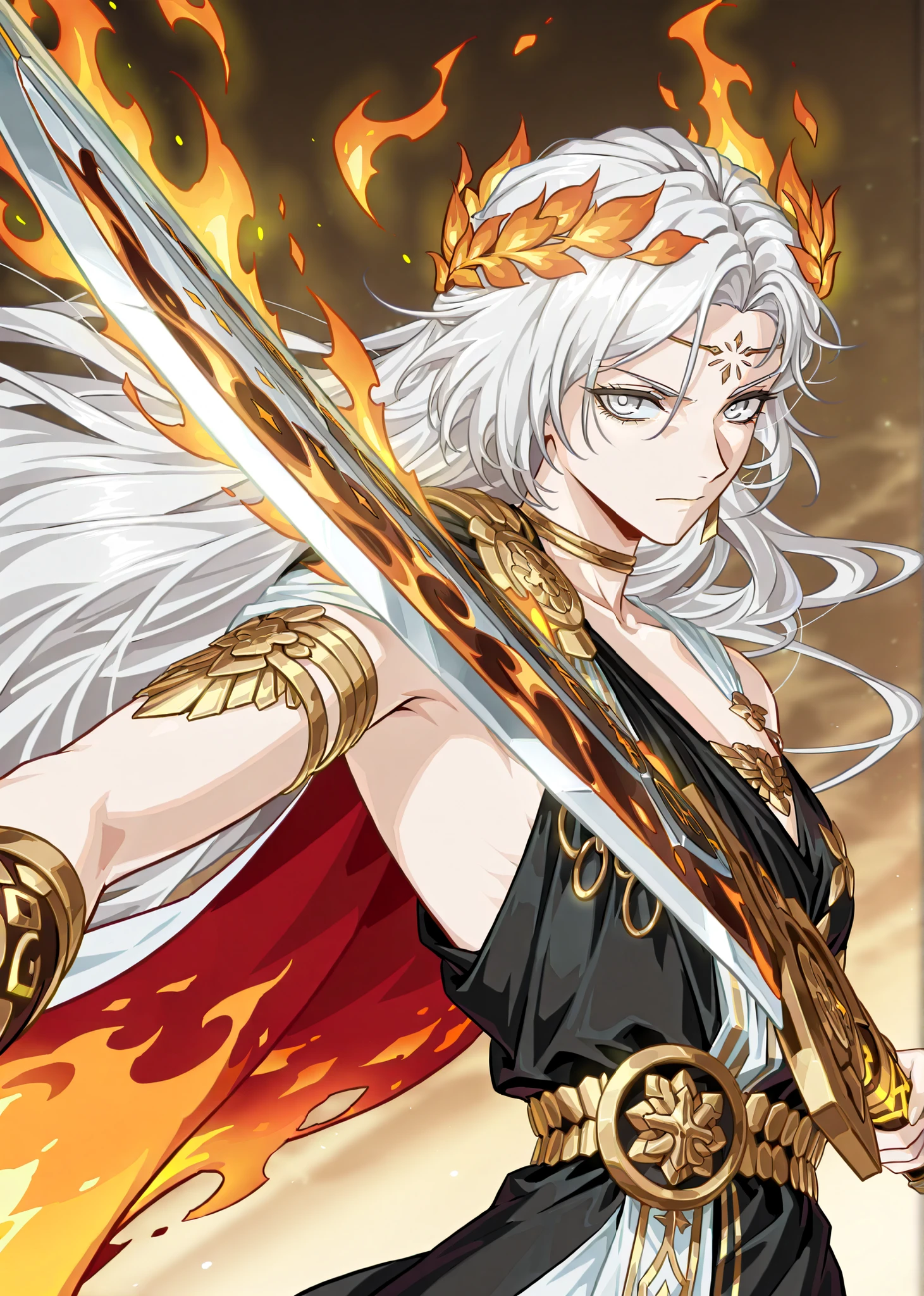 (upper body focus, from the side, medium shot:1.22), anime style, Studio Trigger, dynamic pose, three quarter shot, looking at viewer, mature, 1girl, solo, mature, masterpiece, best quality, amazing quality, very aesthetic, high resolution, ultra-detailed, dramatic lighting, CG art, absurdres, scenery, golden aura, golden flames, white flames, (Senti, Herrscher of Sentience, FuHua, Fol005, Fh_Hos:0.73), flat chest, white hair, white eyes, carapace, shoulder cape, black dress with golden trim, gold accents, synthetic armour, nanoweave, (greco roman dress, greek dress:1.4), wielding greatsword, bloody red greatsword, warrioress, priestess, laurel crown, glowing cape, Vergillius from Limbus company, LionLimbus, cosmic weapon, asymmetrical clothes, SSR Gacha character, villainous, ornate clothes, (flame sword summons, cosmic sword:1.3),
