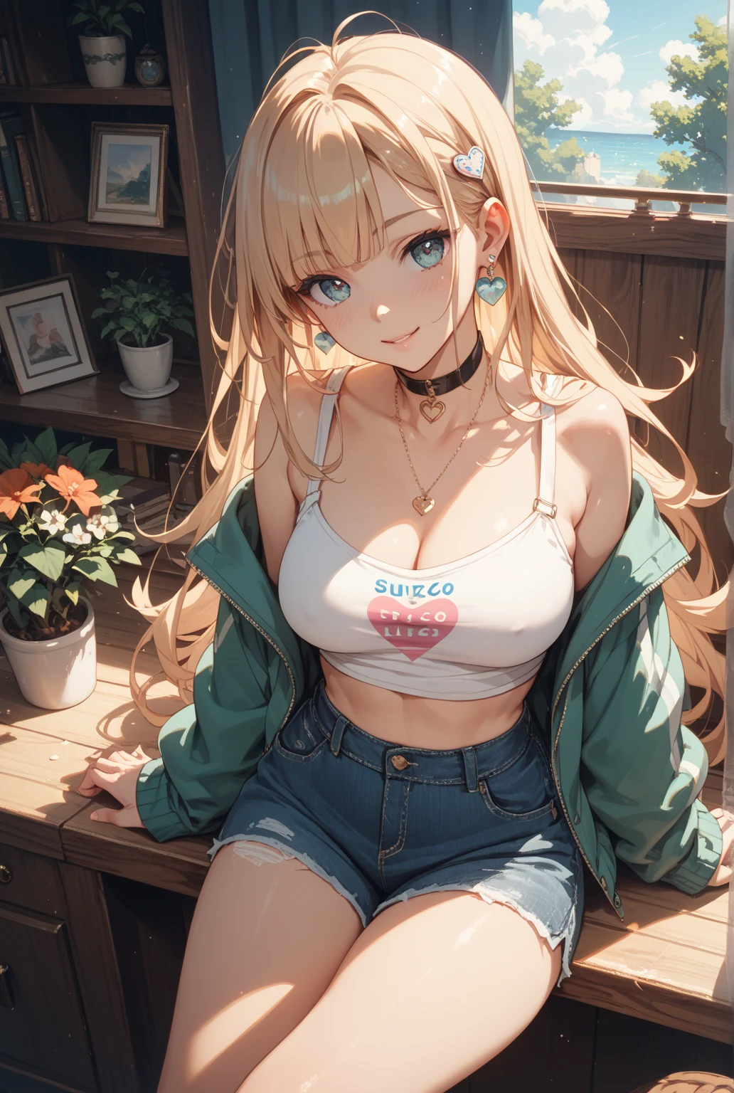 最high quality、best image quality、masterpiece、teenage girl((18-year-old、 By becoming、vest bust、medium bust,wide open breast tea、black eye, blonde hair、Habitual hair、long hair、thin,highest valley、blue shorts、attractive face、heart tattoo、black aloha shirt、sit on a chair、)),high quality、beautiful art、background(Plane、first class、red wine))debris flies、Depth of written boundary、movie、visual art、perfect art、8K,genuine